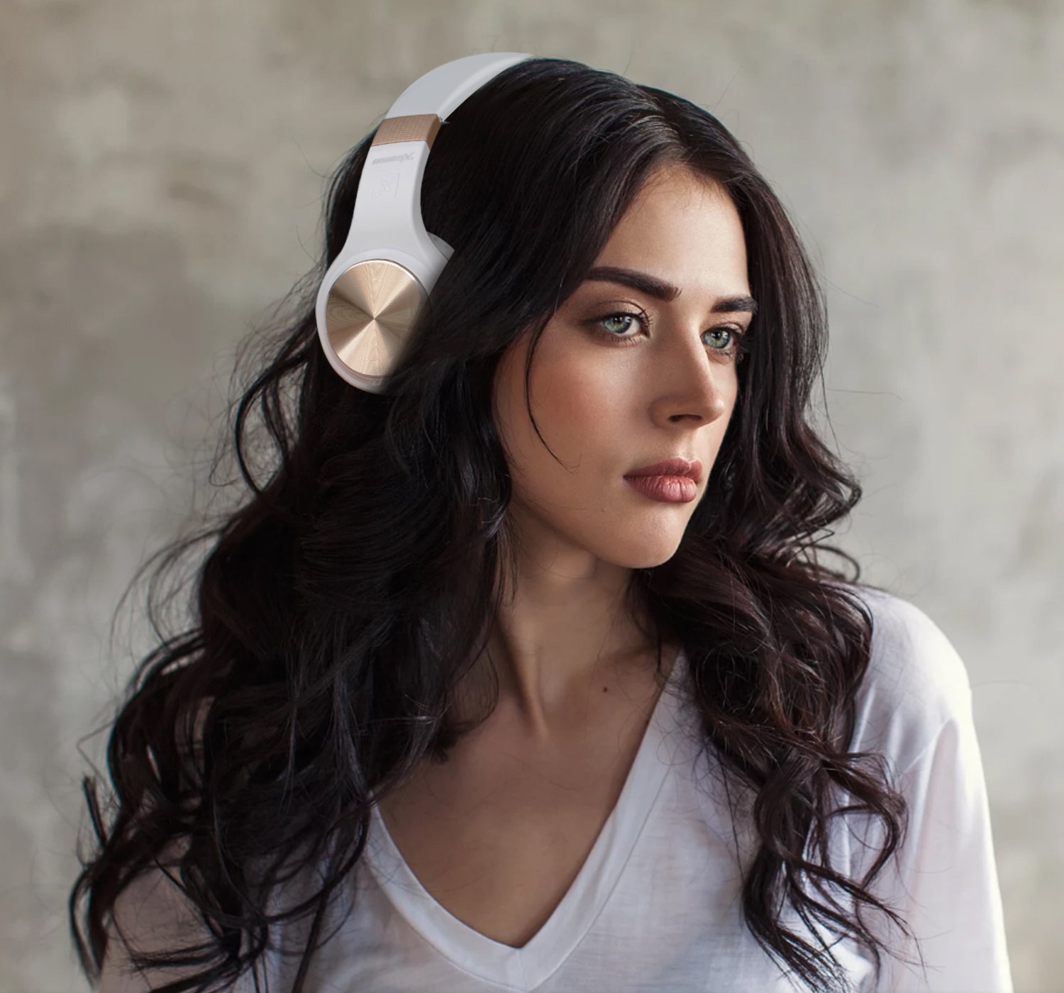 Riwbox XBT-80 Foldable Wireless Bluetooth Headphones Over Ear with Mic & Volume Control - Stereo Sound for PC, Phone, TV, iPad (White Gold) - Perfect for Gaming, Travel & Work from Home
