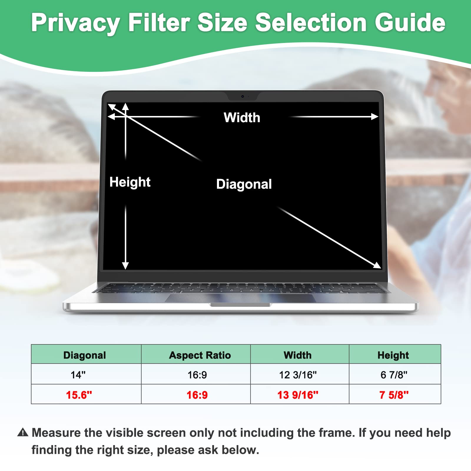 15.6 Inch Laptop Privacy Screen Protector - Anti Glare & Blue Light Filter, Removable 16:9 Privacy Shield Compatible with HP, Dell, Acer, ThinkPad, Samsung, Asus, Sony - Perfect for Office, Travel & Public Spaces