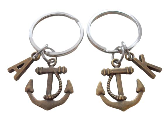 Custom Bronze Anchor Keychains with Initial Charms - Perfect Couple or Best Friend Anniversary Gift, Ideal for Keychains, Backpacks, or Travel Accessories