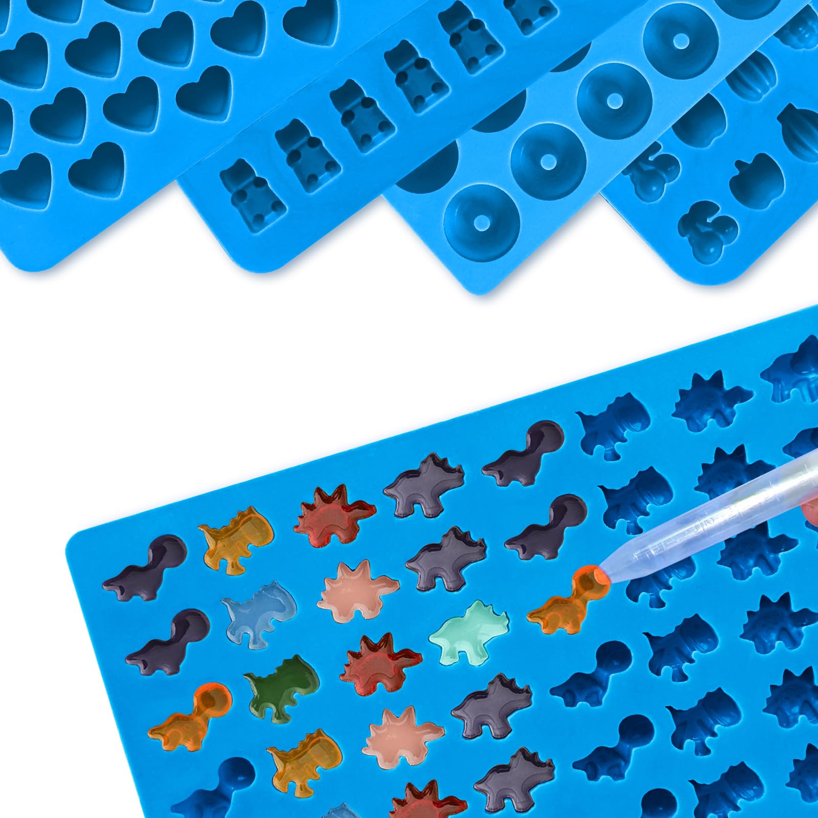 7Pcs Silicone Gummy Candy Molds Set - Bear, Dinosaur, Fruit, Donut & Heart Shapes - Non-Stick Baking Molds with 2 Droppers for Homemade Gummies, Chocolates & Candies - Perfect for Birthday Parties, DIY Treats & Holiday Baking