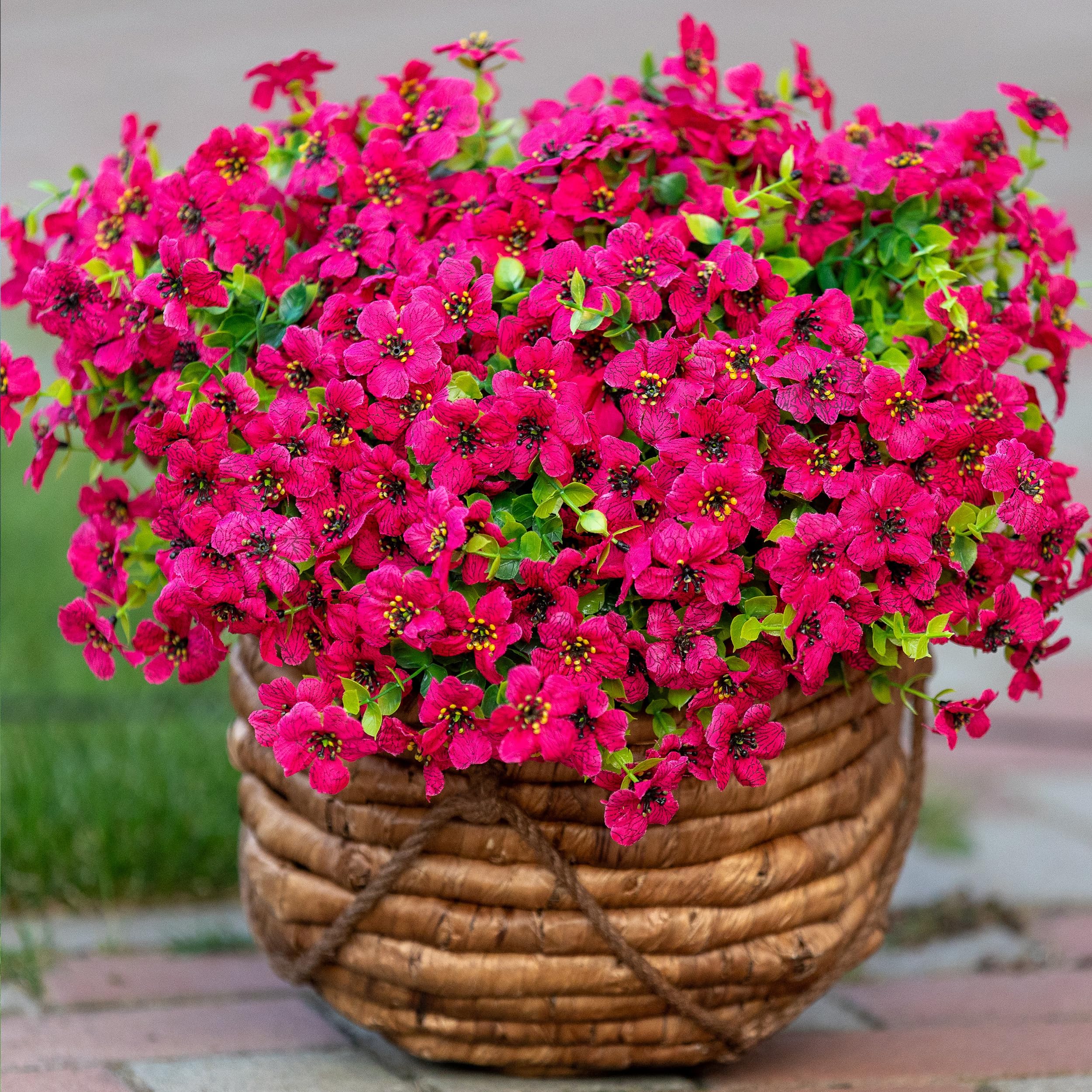 16 Bundles UV Resistant Artificial Boxwood Plants - Fade Proof Outdoor Fake Shrubs for Spring Home Decor, Farmhouse Garden Greenery (Red Pink) - Perfect for Patio, Porch, and Landscape Design