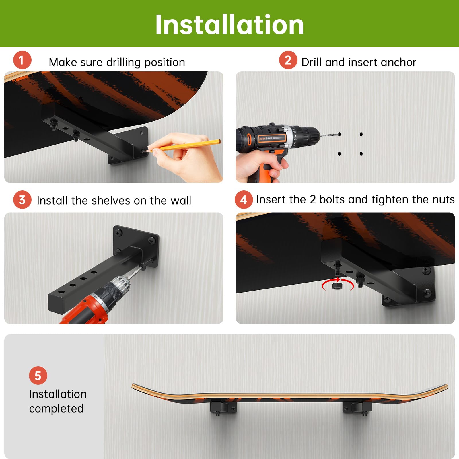 4 Pack Snowboard Wall Mount - Heavy Duty Snowboard & Skateboard Storage Rack with Floating Shelves - Perfect for Garage, Bedroom, or Sports Gear Display (Black) - Ideal for Organizing Snowboards, Skateboards, and Longboards