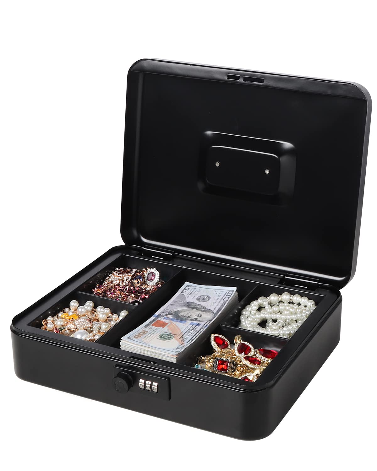 Large Metal Cash Box with Combination Lock - Secure Money Storage Box with Money Tray (11.8 x 9.5 x 3.54 Inches, Black) - Ideal for Home, Office, Retail Stores & Small Business Cash Management