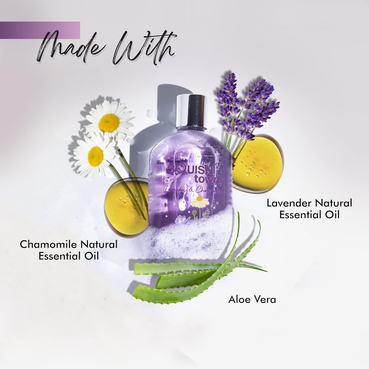 Sq'uishtown Lavender & Chamomile Soothing Bath & Shower Gel - Natural Essential Oils Aromatherapy for Relaxation | 8.5oz (250ml) | Unisex Body Wash for Stress Relief & Better Sleep | Perfect for Spa Nights & Self-Care Routines