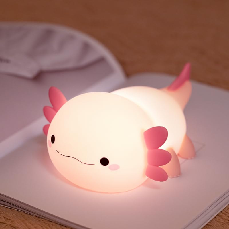 Cute Pink Silicone Axolotl Night Light - Soft Touch Rechargeable Nursery Lamp for Kids Room, Baby & Toddler Sleep Aid | Perfect Gift for Girls, Teens Birthday & Christmas | Bedroom Decor, Study Desk Light, Cozy Reading Companion