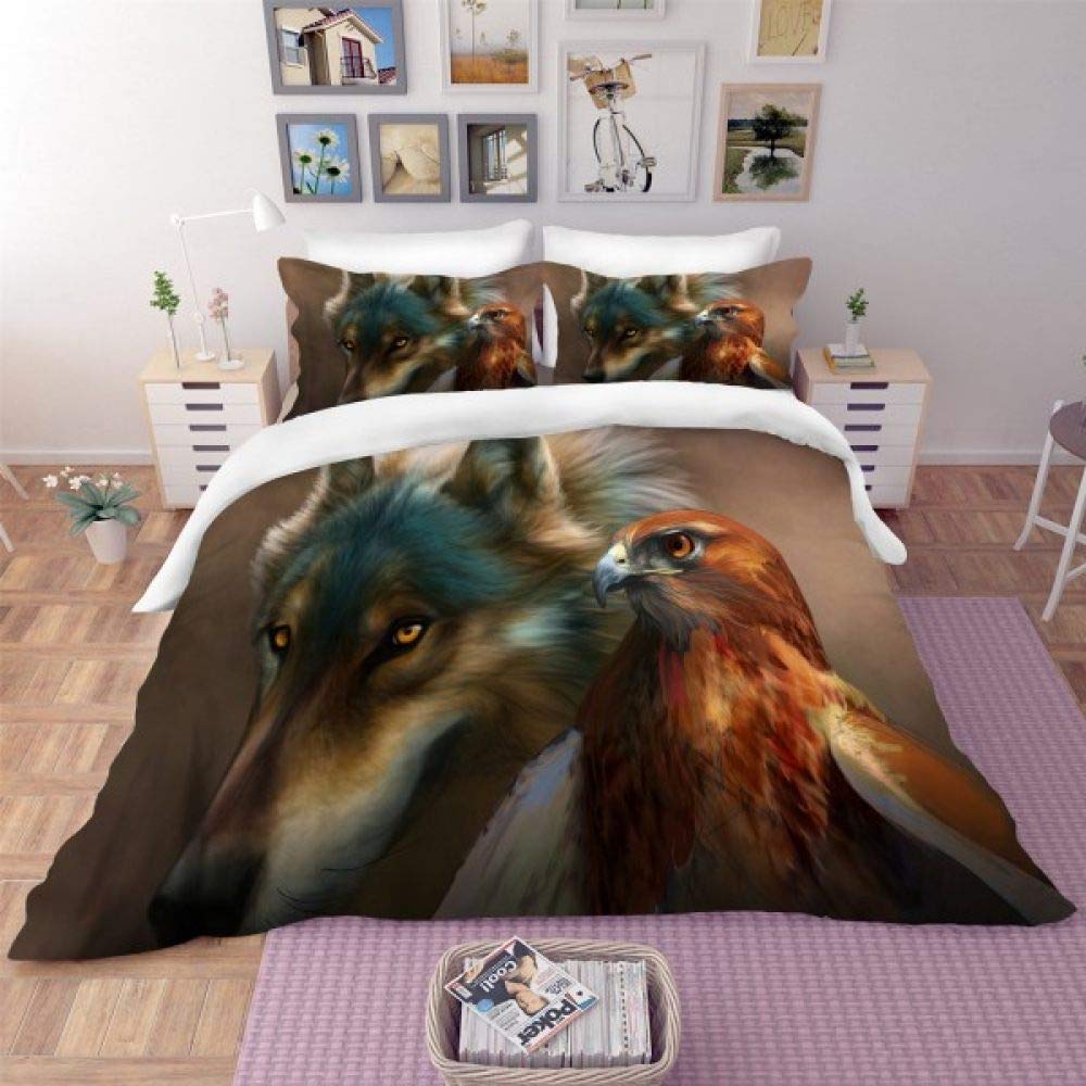 3D Printed Eagle Wolf Bedding Set - Duvet Cover, Pillowcases, and Bed Linen for Girls - Twin, Full, Queen, King Size (US Full 203x228cm) - Perfect for Kids' Rooms, Teen Bedrooms, and Wildlife-Themed Decor