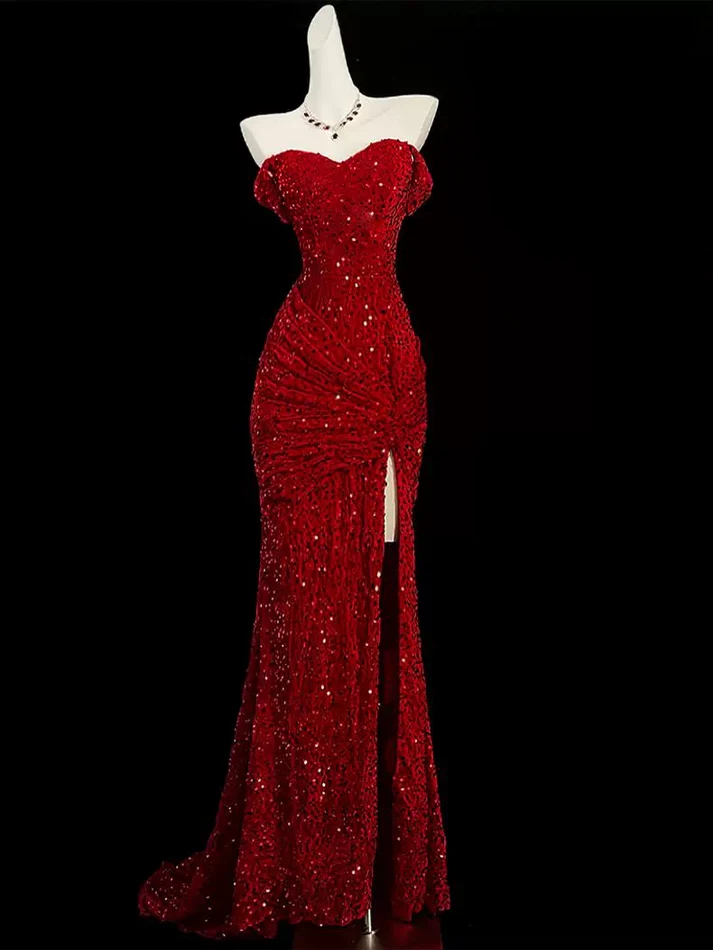 Burgundy Off Shoulder Mermaid Sequin Prom Dress - Elegant Evening Gown for Homecoming, Pageant & Formal Events - Style J6749