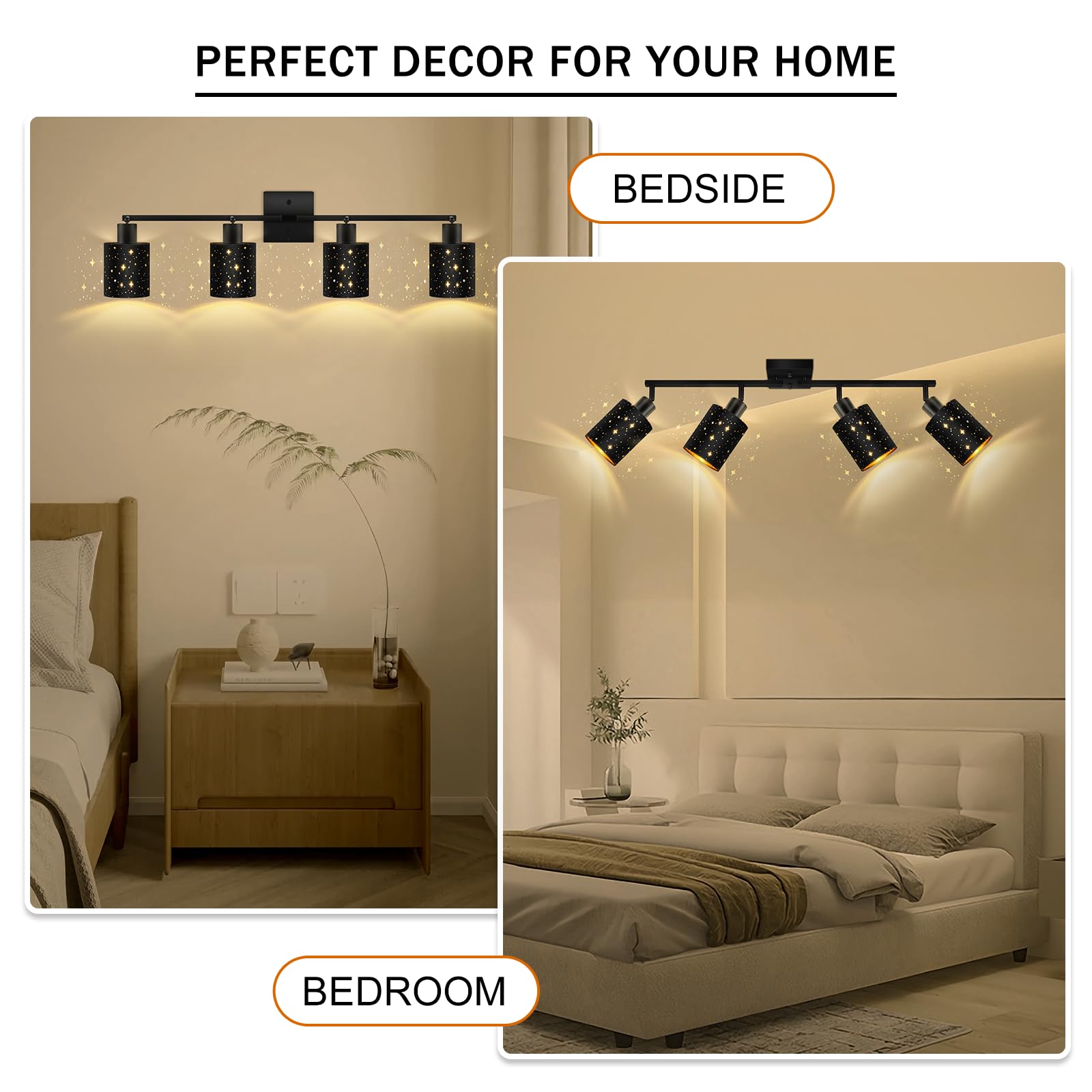 4-Way Black Track Lighting Kit - Modern Flexible Ceiling Spotlight with Industrial LED Wall Light for Kitchen, Cabinet, Gallery, Bar & Hallway | E26 Socket | Contemporary Black Stars Design | Perfect for Home Decor & Commercial Spaces