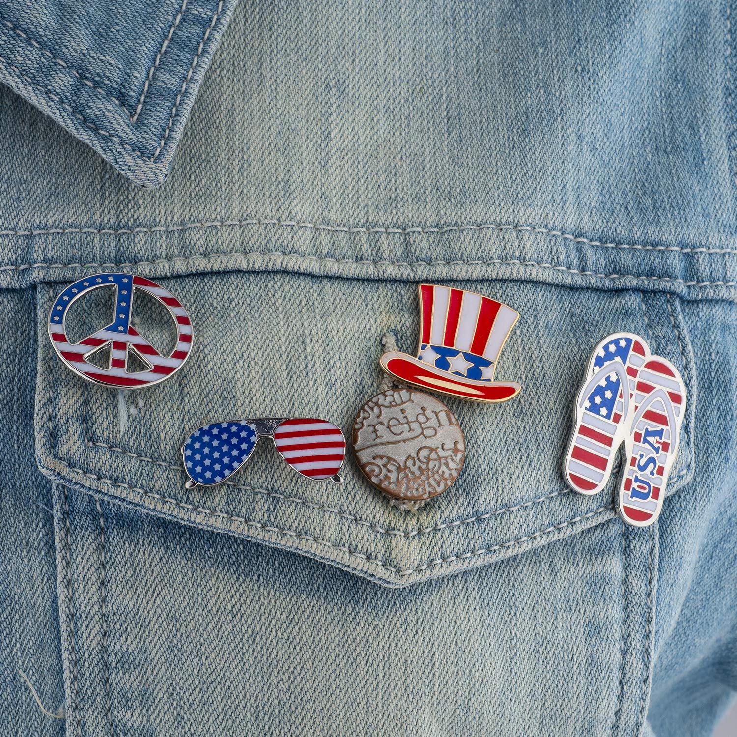 LUX ACCESSORIES Red Blue Peace Sunglasses Hat Slippers USA Set of 4 American Flag Themed Brooch Pin - Perfect for Patriotic Events, Summer Outfits, and Gift Giving