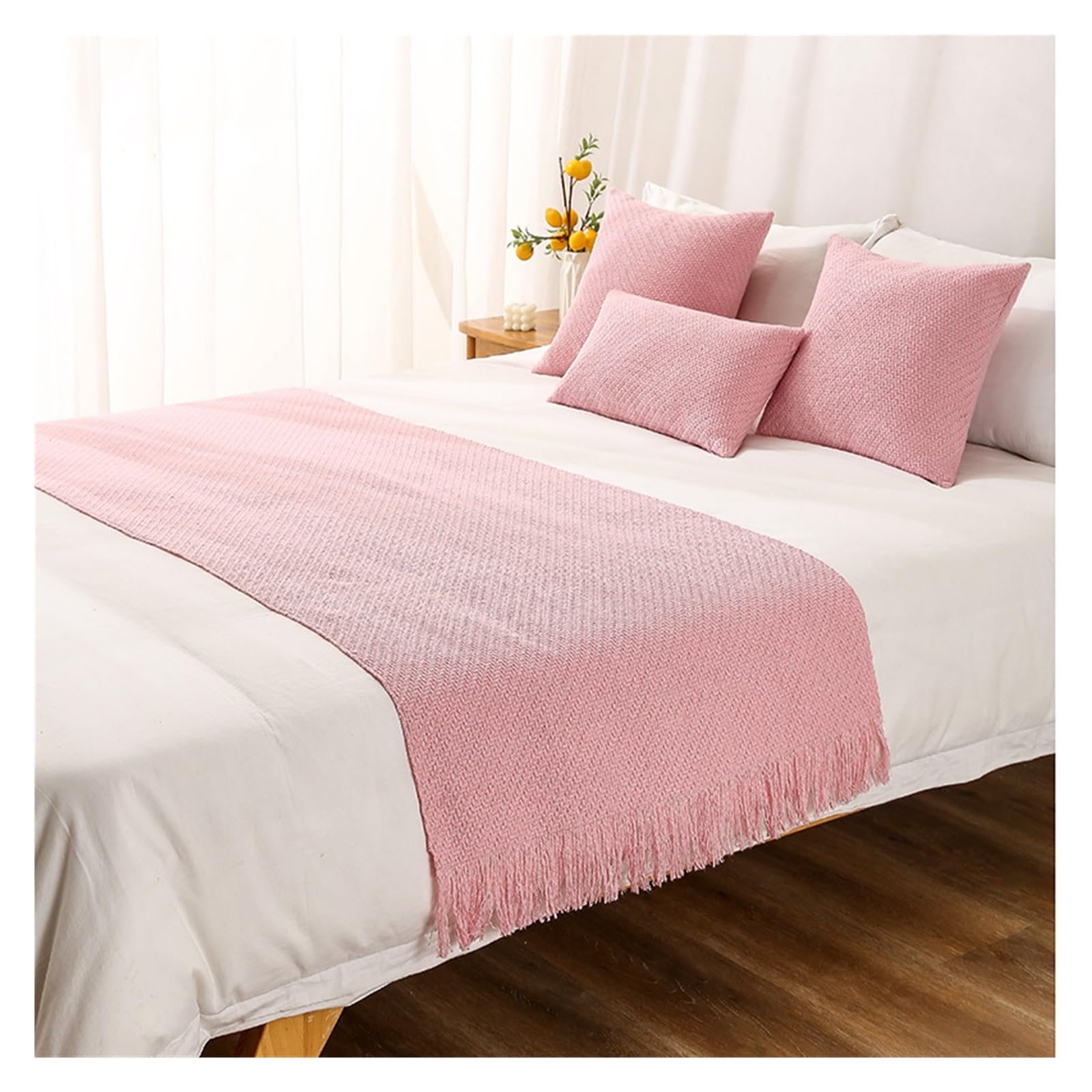 Modern Single Layer Fringe Bed Scarf for Queen Size Bed | Luxury Hotel Bed Runner | Decorative Bed Cover for King & Queen Beds (Pink, Queen Size) - Perfect for Bedroom Decor, Guest Rooms & Hotel Styling