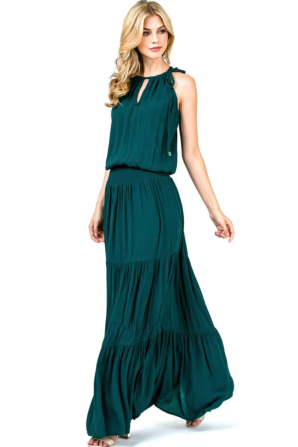 LoveStitch Women's High Neck Halter Smocked Waist Maxi Dress - Elegant Summer Beach Wedding Party Wear for Women