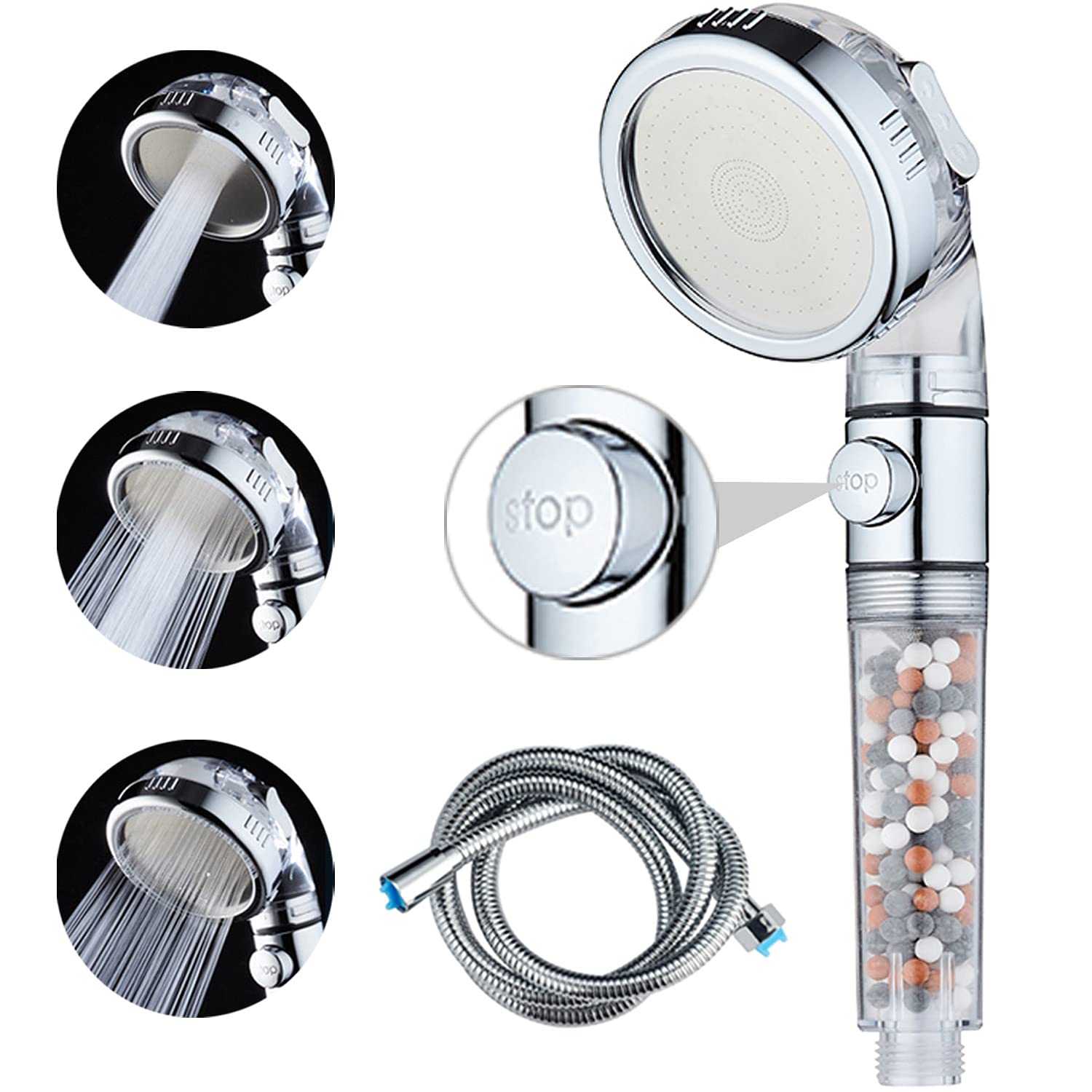 High Pressure Handheld Shower Head with Hose - Ionic Filter Showerhead with ON/OFF Switch, 3 Water Saving Modes for Soft Water (Dry Skin & Hair Care) - Perfect for Bathroom, Spa & Relaxing Shower Experience