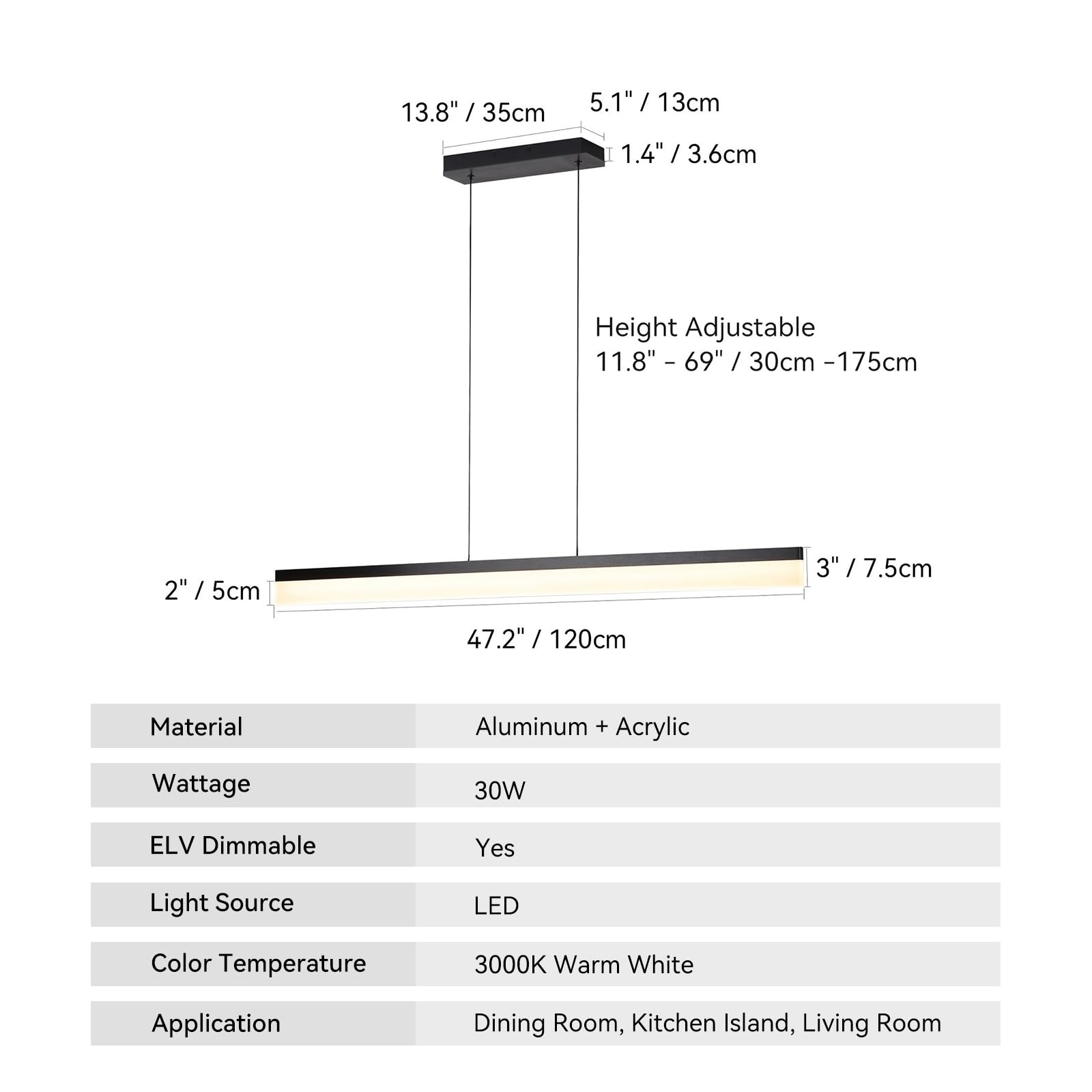 47-inch Adjustable Linear Pendant Light Fixtures - 30W Dimmable LED Kitchen Island Lighting & Dining Room Chandelier - Black Aluminum Modern Hanging Light for Home Decor, Restaurants, and Office Spaces