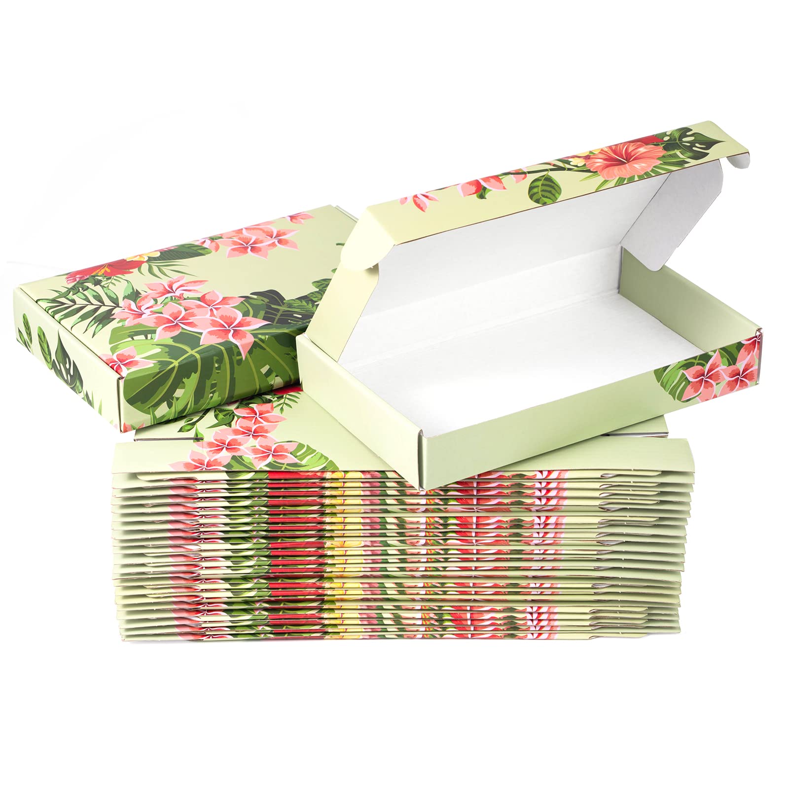 Hawaiian Floral Gift Boxes Pack of 25 - 10x6x1.6 Inches Corrugated Cardboard Mailer Shipping Boxes for Small Business Packaging | Perfect for Jewelry, Candles, Cosmetics & Gift Wrapping