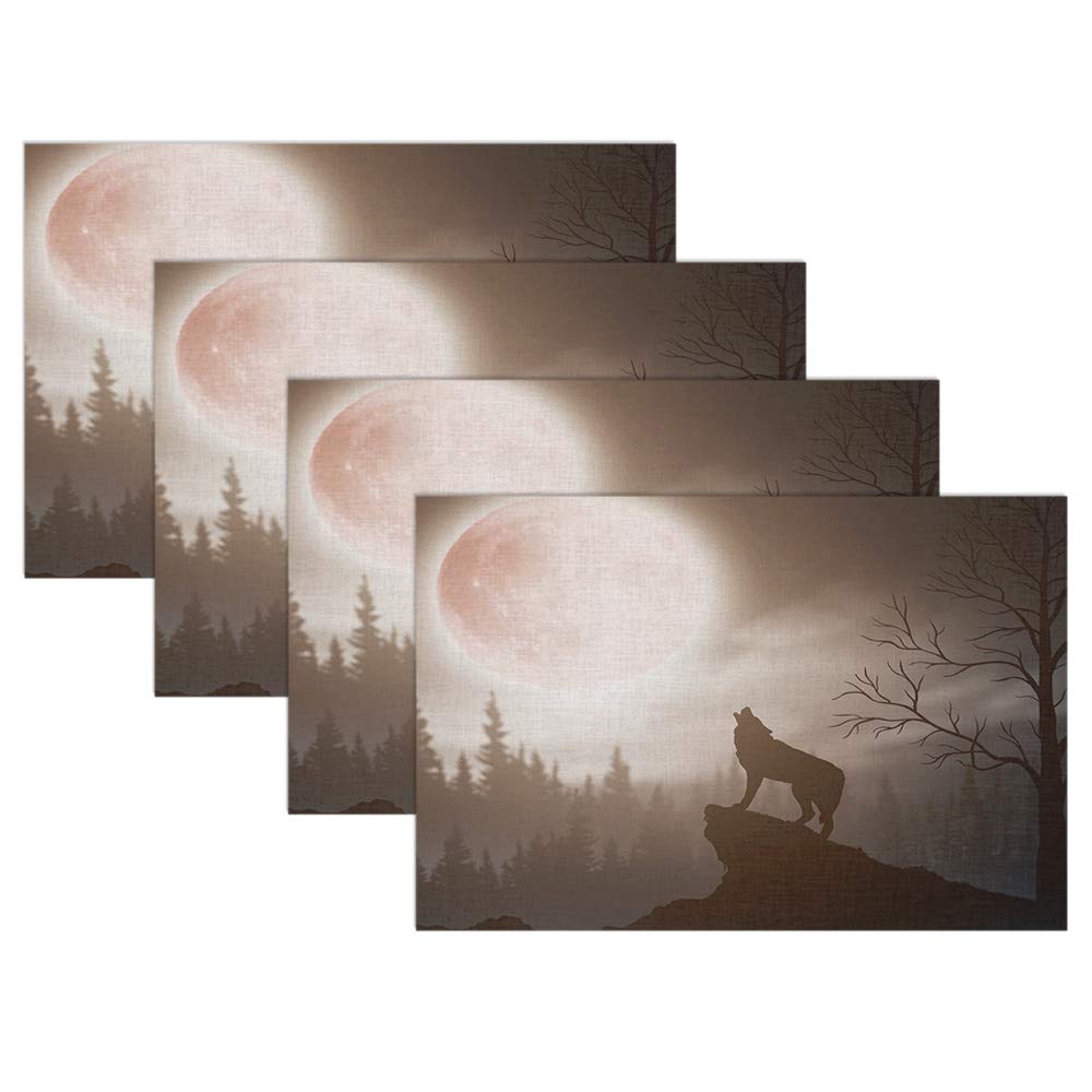 Swono Wolf Howling at Red Moon Placemat Set of 4 - Premium 12x18 Inch Wolf & Moon Design Table Mats for Dining & Kitchen Decor - Perfect for Halloween, Cabin, or Wilderness Themed Home Decor