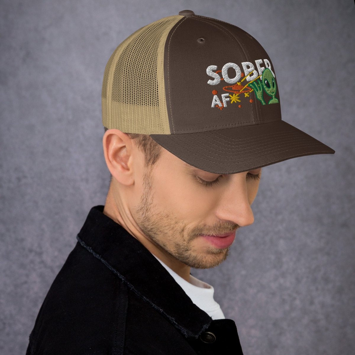 Galactic Sobriety Alien Embroidered Trucker Hat - Cool Novelty Baseball Cap for Men & Women - Perfect for Cosplay, Rave Parties & Streetwear Fashion