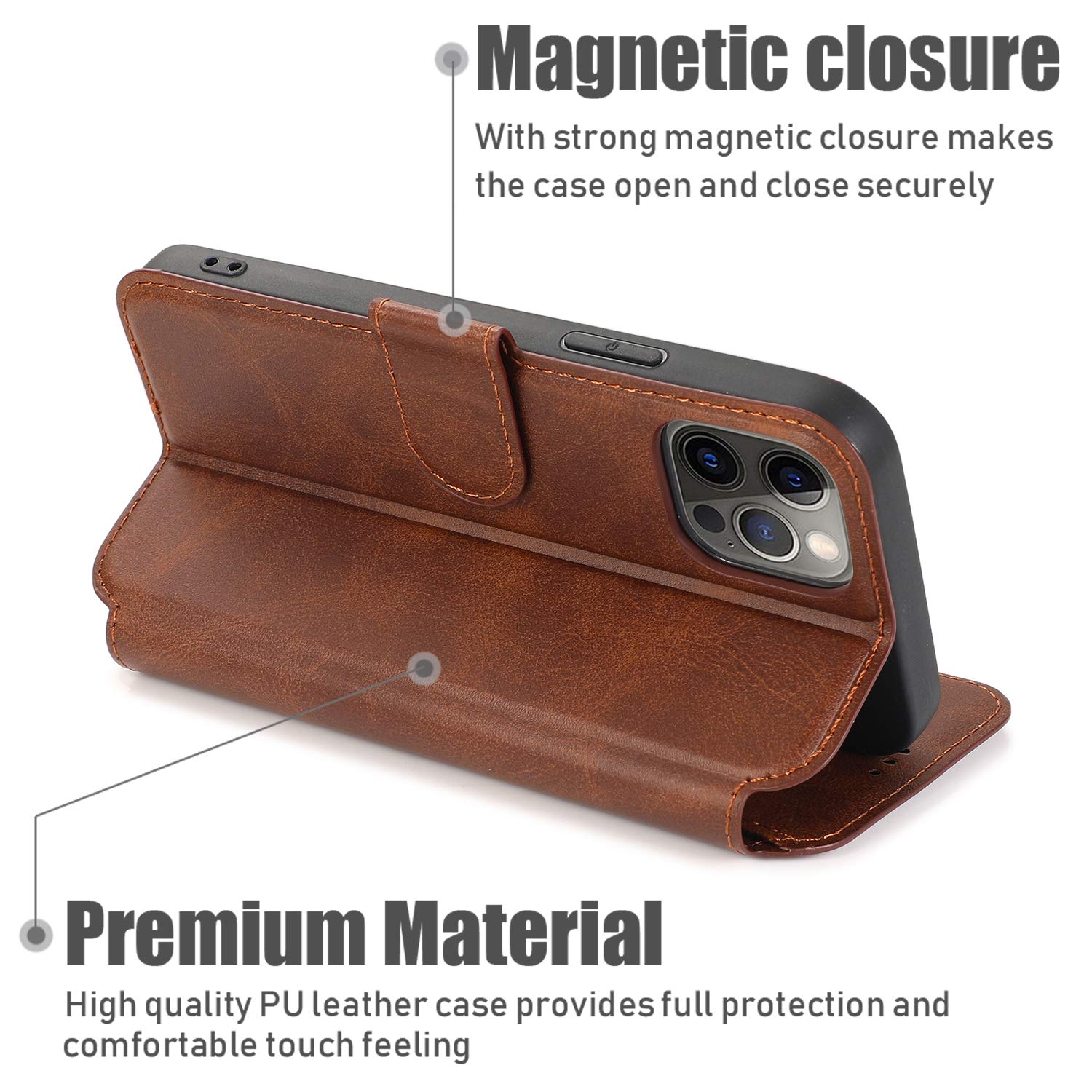 Premium PU Leather iPhone 12 Pro Max Wallet Case with Card Slots & Kickstand - Magnetic Closure Shockproof Flip Cover for 6.7