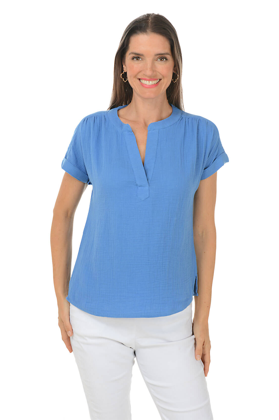 Bubble Gauze Rolled Short Sleeve Blouse Women's Casual Top | Breathable Summer Shirt for Beach, Office & Date Night