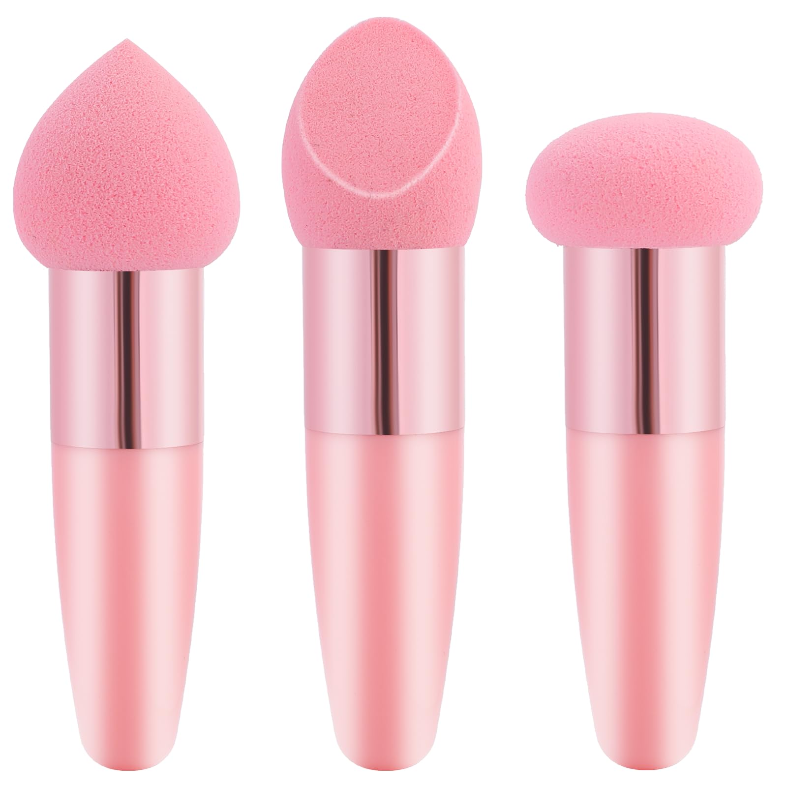 3 Pack Makeup Sponges with Handle - Professional Foundation Blending Sponge for Wet & Dry Application, Concealer & Cosmetics Puff - Perfect for Everyday Makeup, Contouring & Flawless Finish