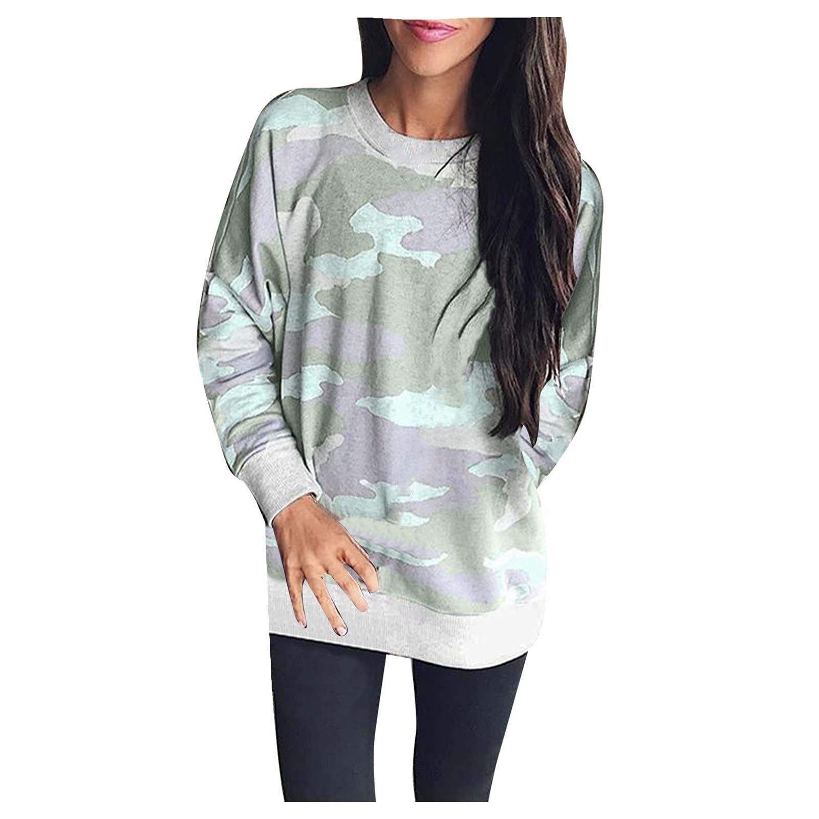 Plus Size Women's Long Sleeve Casual Blouse - Round Neck Asymmetrical Hem Flowy Shirt with Print in Green | Perfect for Office Wear, Date Nights & Casual Outings