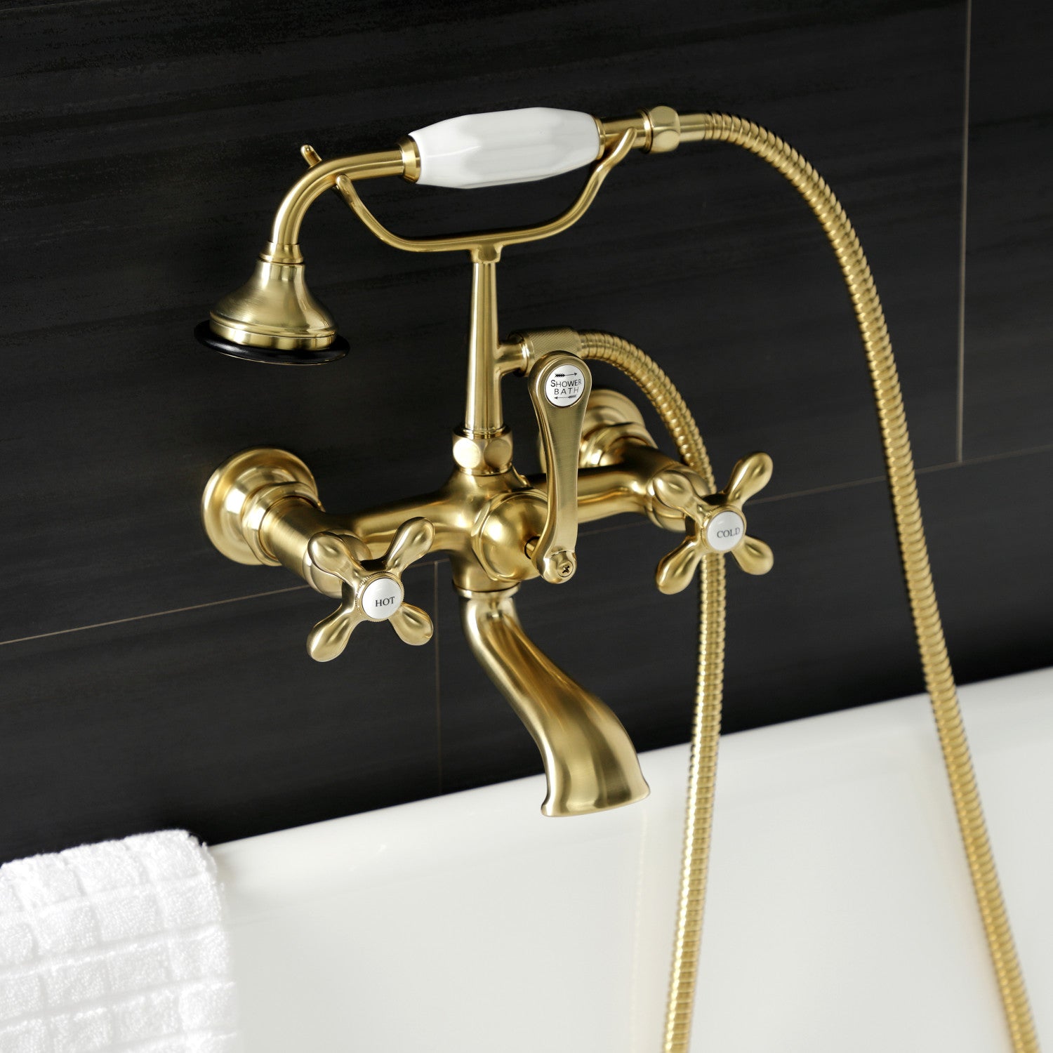 Vintage Clawfoot Tub Faucet with Hand Shower - 3 Handle Wall Mount Brushed Brass Bathroom Fixture for Antique & Classic Bathrooms