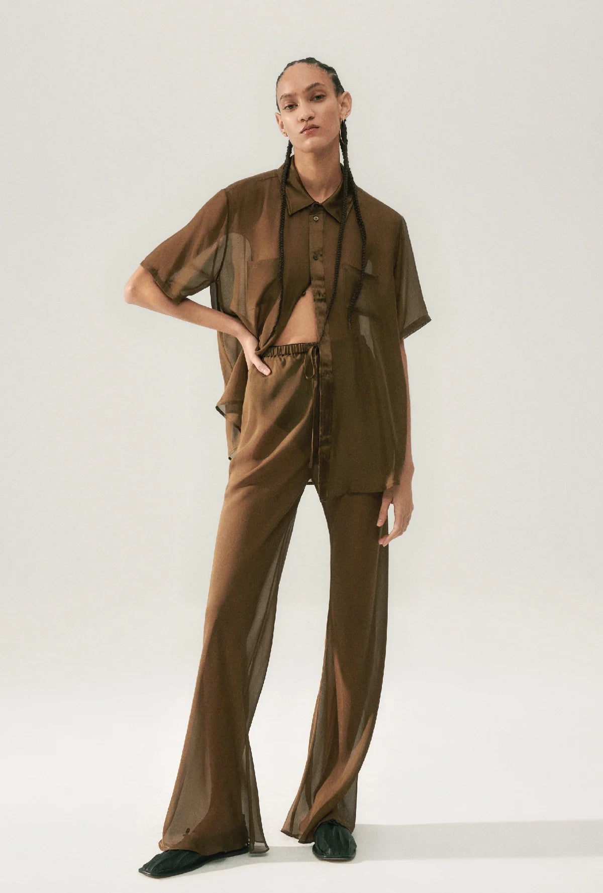 Chiffon Bias Cut Pants for Women - Dark Earth Tone Flowy Wide Leg Trousers - Perfect for Casual Wear, Office Outfits & Summer Vacations