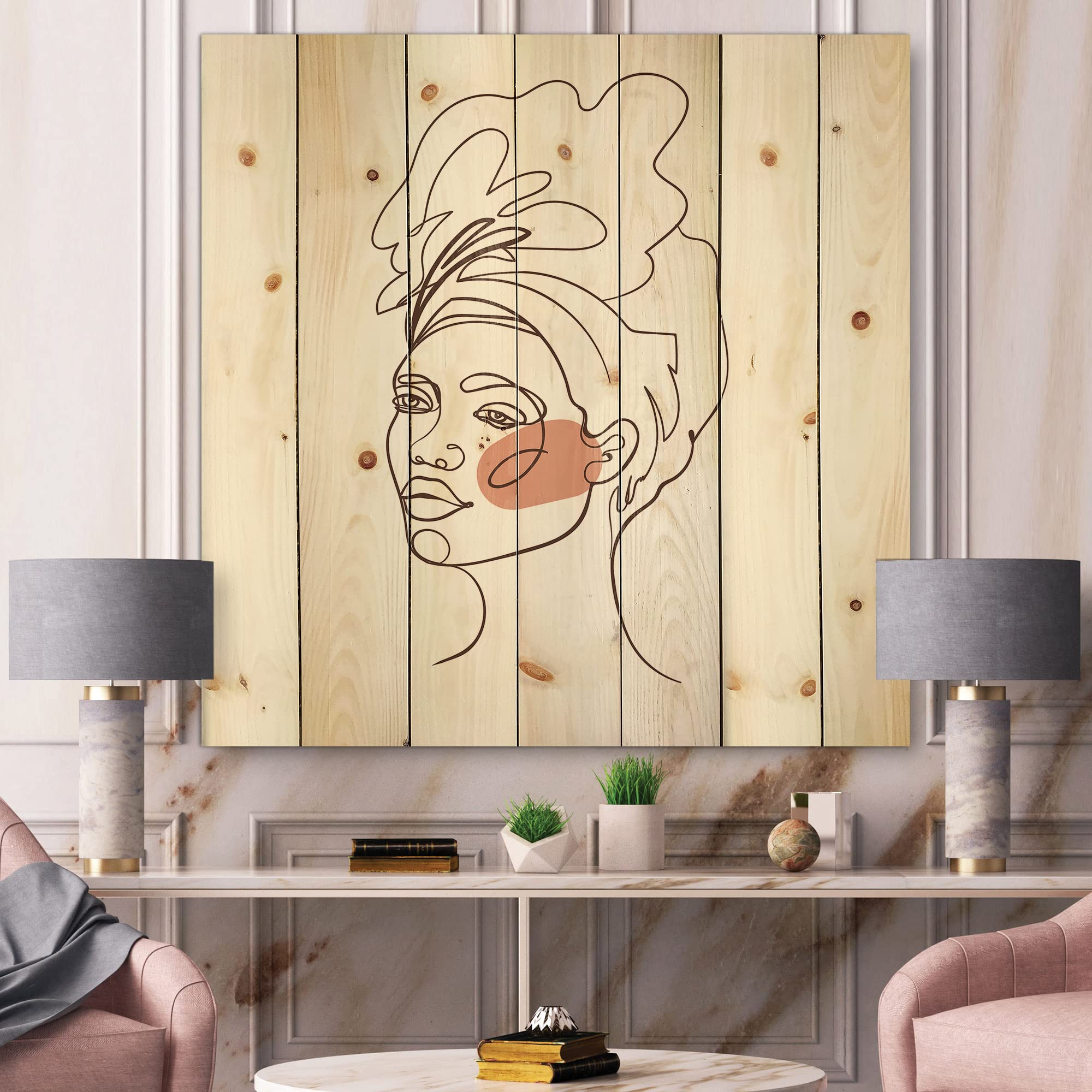DesignQ One Line Portrait of African American Woman III - Modern Abstract Wood Wall Art Decor, Large Contemporary Pine Wood Panel Painting for Living Room, Bedroom & Office Wall Decor