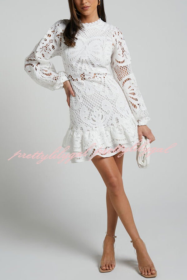 Elegant Solid Color Hollow Long Sleeve Waisted Lace Mini Dress for Women - Perfect for Parties, Dates & Special Occasions