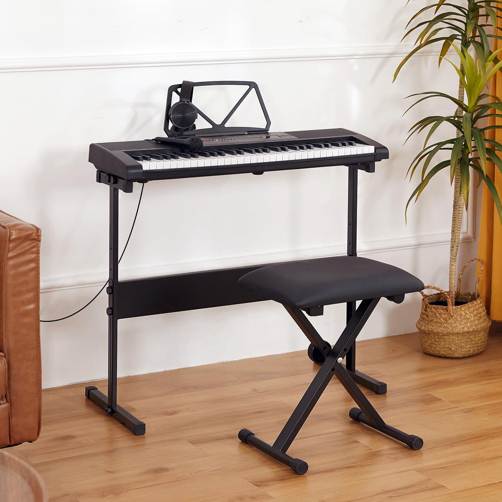 MUSTAR 61-Key Lighted Keyboard Piano for Beginners - Electric Piano with Stand, Bench, Headphones & Microphone - Portable Digital Piano with Built-in Speakers & Note Stickers - Perfect for Home Learning, Music Practice & Gift Giving