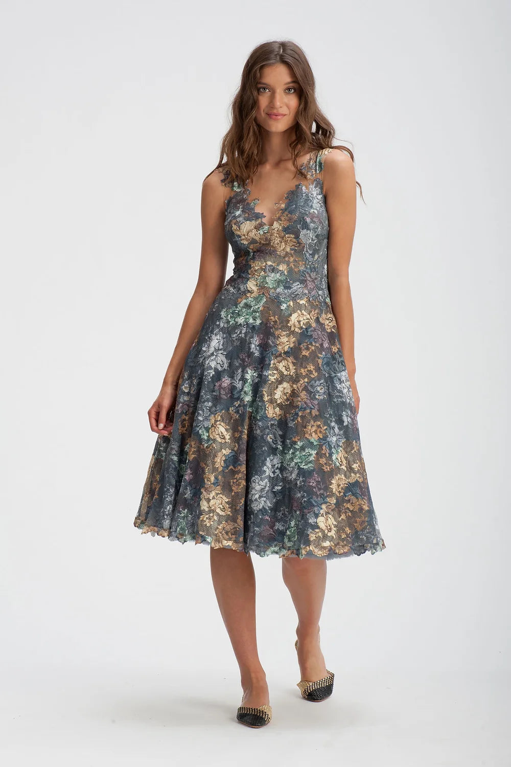 Elegant Floral Lace Tea-Length Dress for Women - Hazel Ash Color | Perfect for Garden Parties, Weddings & Special Occasions