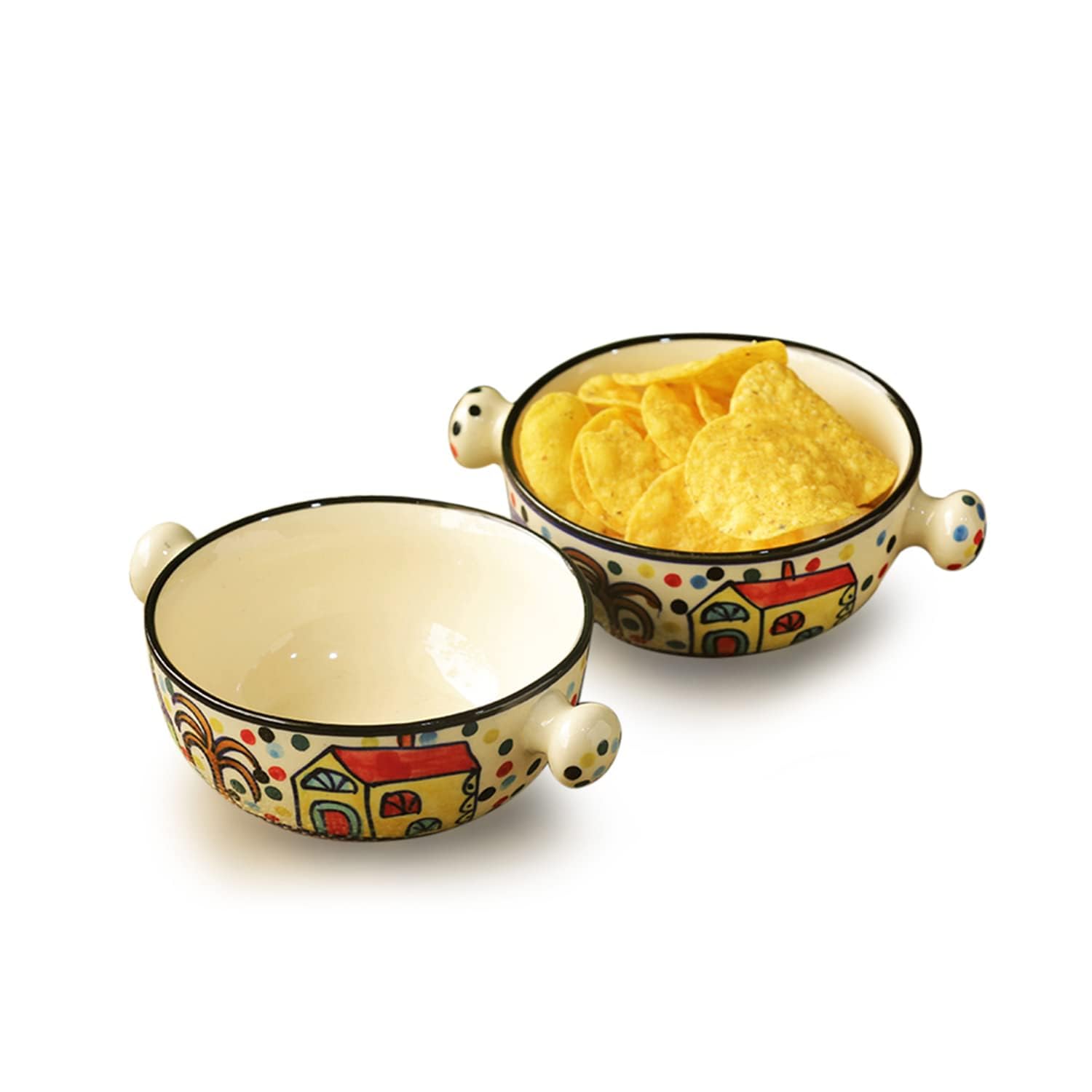 ExclusiveLane Ceramic Serving Bowls Set - 2 Piece 260ml Microwave Safe Handled Bowls for Snacks, Soup, Salad & Desserts | Colorful Kitchen & Dining Tableware for Home, Parties & Gifting