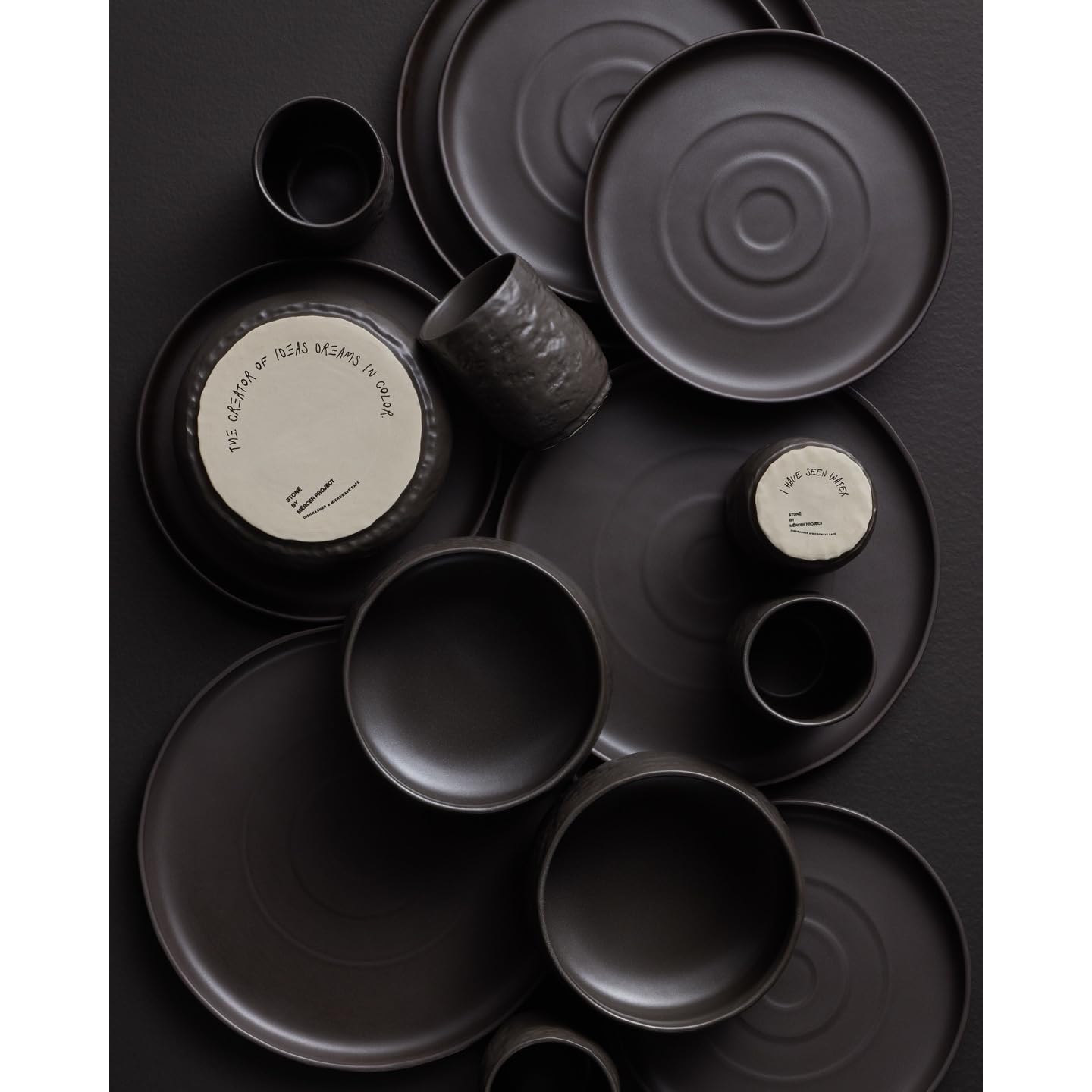 Mercer Project SHOSAI 16-Piece Stoneware Dinnerware Set - Modern Black Plates & Bowls for 4, Durable Stoneware Dishware for Everyday Dining, Dinner Parties & Restaurant Use