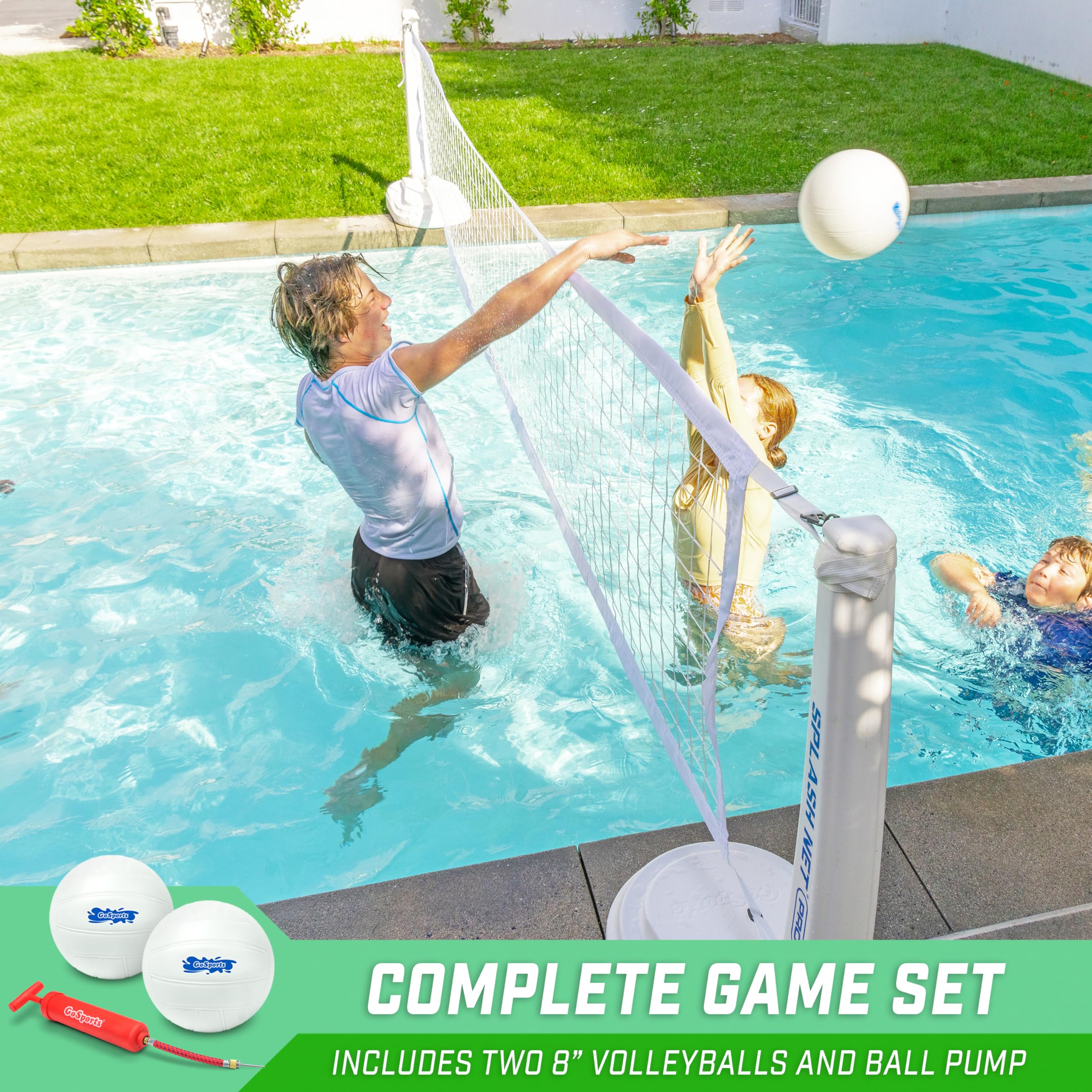GoSports Splash Net PRO Pool Volleyball Set - Premium Water Volleyball Net with 2 Balls & Pump (Red/White/Blue) | Perfect for Backyard Pool Parties, Beach Games & Summer Water Activities