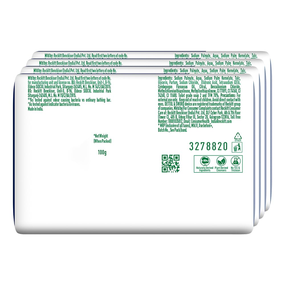 Dettol Cologne Fresh Bathing Soap Bar - 100g (Pack of 4) | 100% Better Odor Protection, Antibacterial & Refreshing | Ideal for Gym, Travel & Daily Hygiene