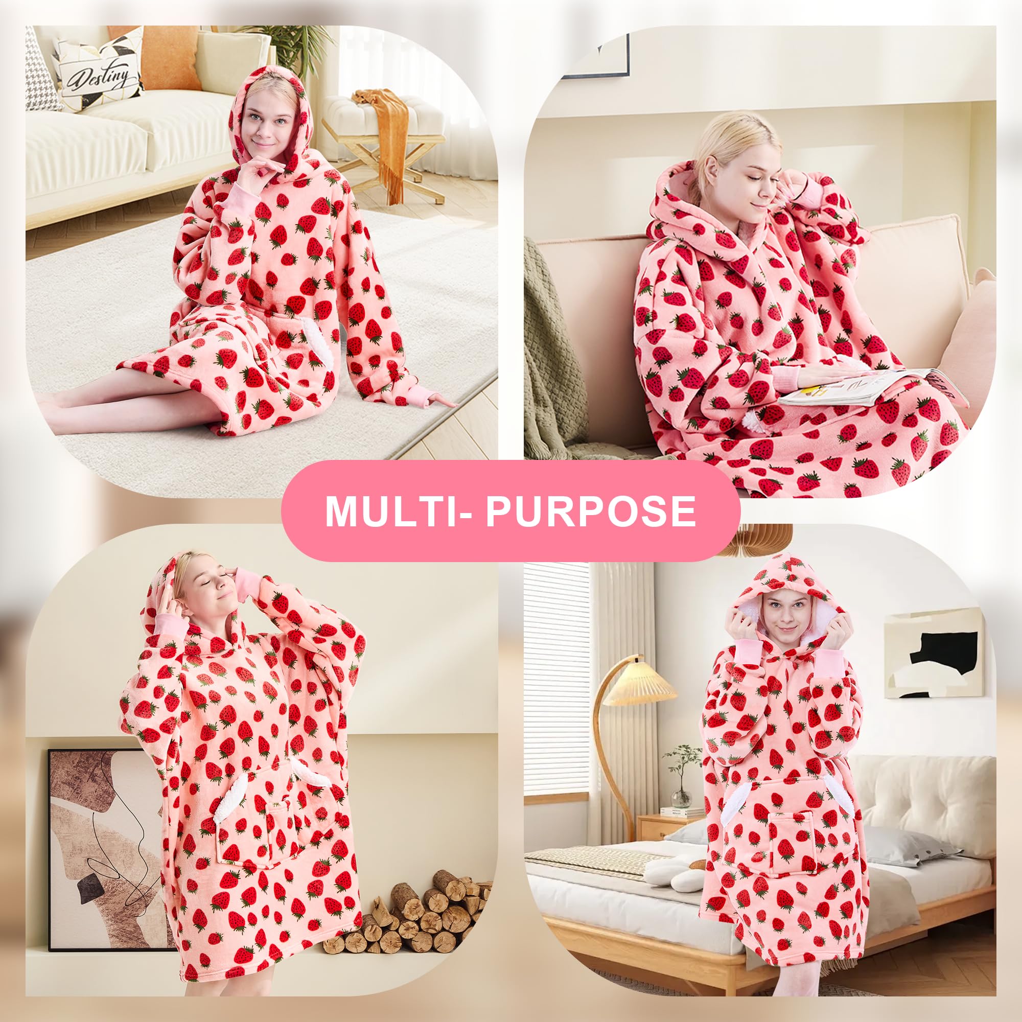 Cozy Oversized Sherpa Fleece Wearable Blanket Hoodie for Women - Warm Hooded Sweatshirt with Sleeves | Perfect Winter Gift & Lounge Wear for Home, Office, and Travel (Pink Strawberry)