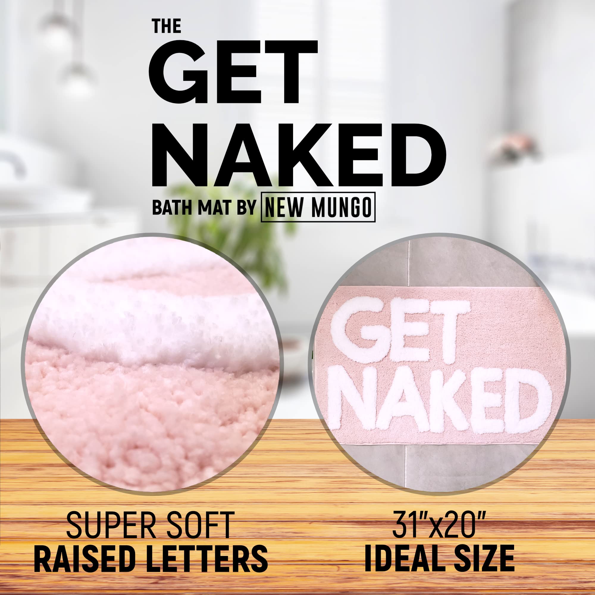 New Mungo Get Naked Bath Mat - Soft Blush Pink Bathroom Rug, Non-Slip Shaggy Mat for Bathroom Decor, Cute Home Accessories (31