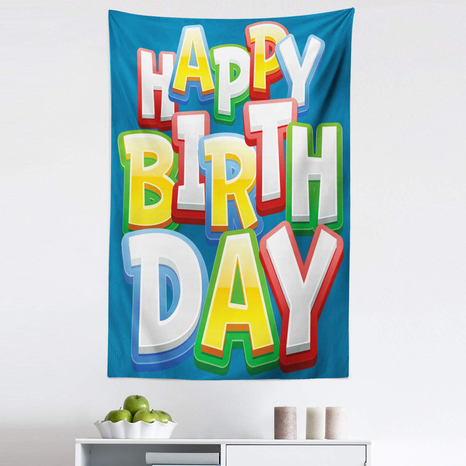 Ambesonne Happy Birthday Tapestry - Rainbow Typography Wall Art Decor for Bedroom, Living Room, Dorm | 30