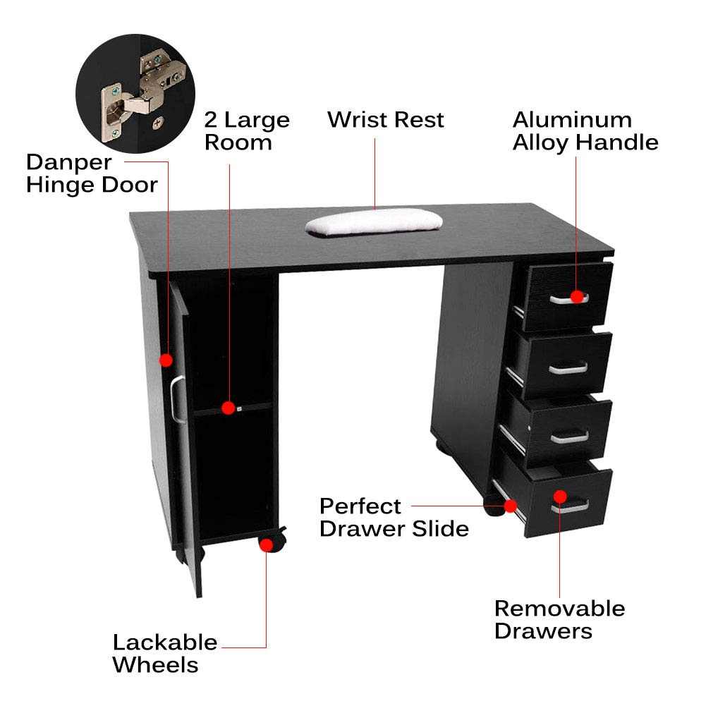 Professional Nail Table with 5 Storage Drawers - Portable Manicure Station for Salon & Home Use, Beauty Workstation with Mobile Castors, Black - Perfect for Nail Artists & DIY Enthusiasts