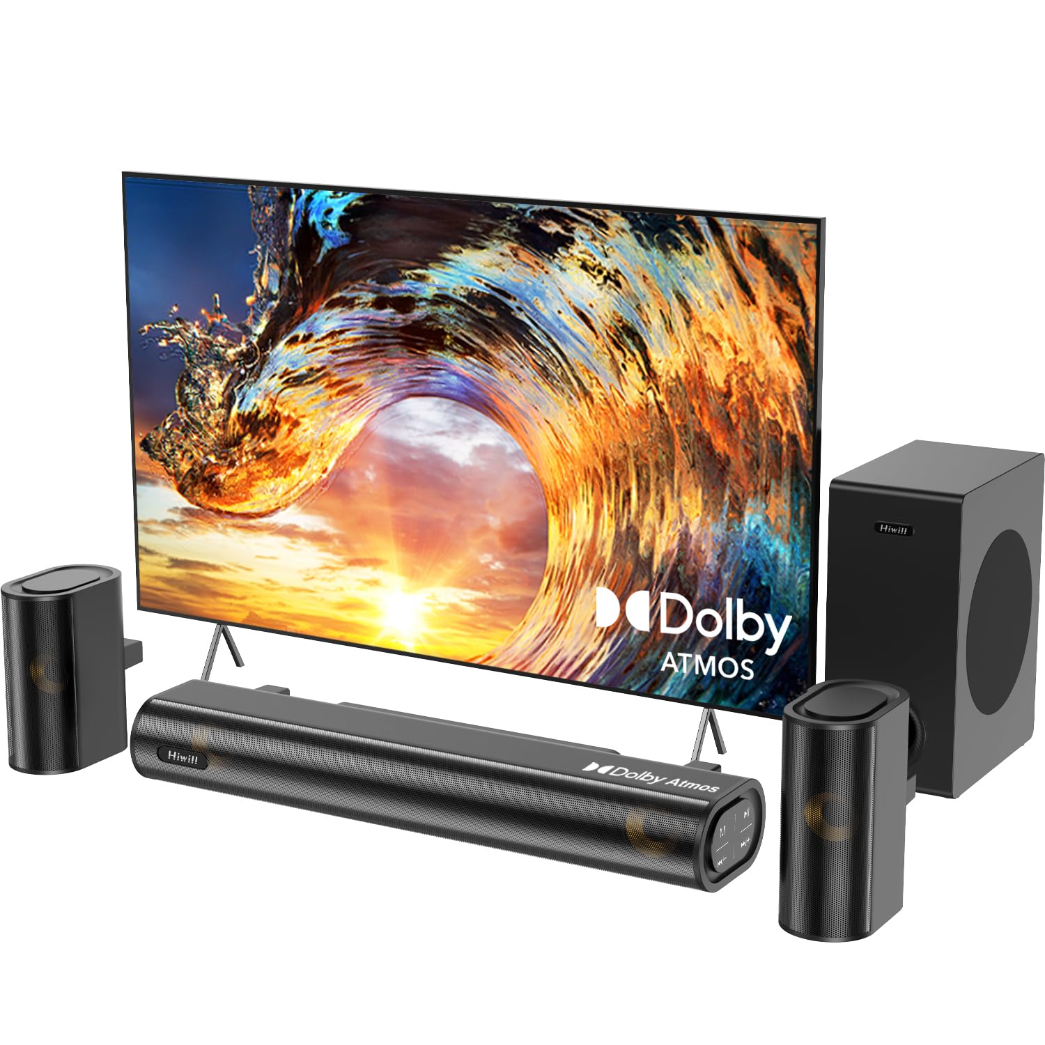 Hiwill 4.1ch Dolby Atmos Sound Bar with Wireless Subwoofer - 300W Powerful Surround Sound System for Smart TV, 2 Front Speakers, Adjustable Bass - Perfect for Home Theater, Gaming & Movie Nights
