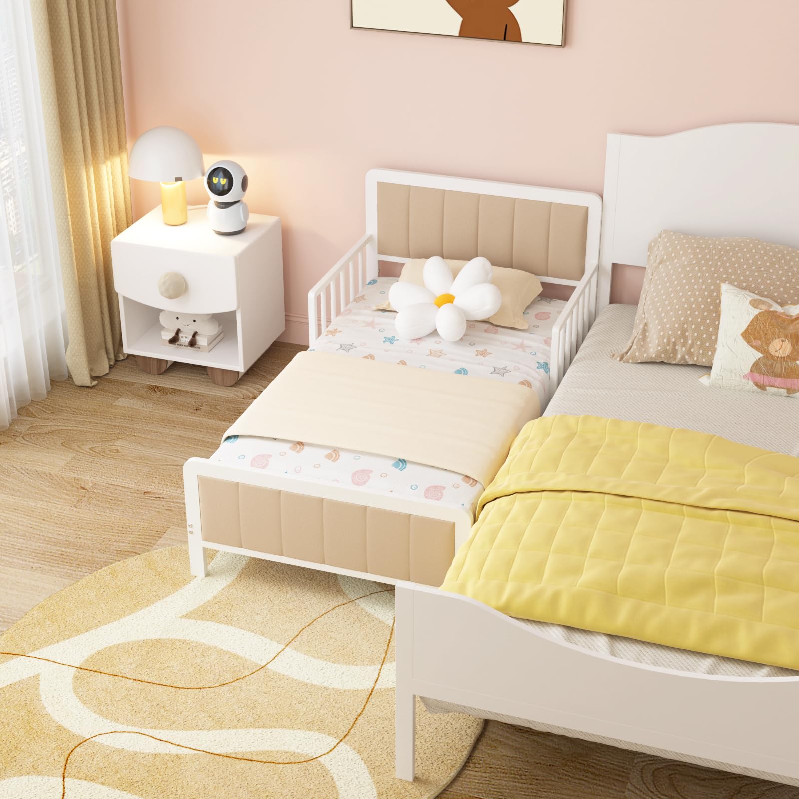 Timy Toddler Bed with Upholstered Bedside - Safe Metal Crib Bed Frame with Guardrails for Boys & Girls - White - Perfect for Nursery, Daycare & First Big Kid Bed Transition