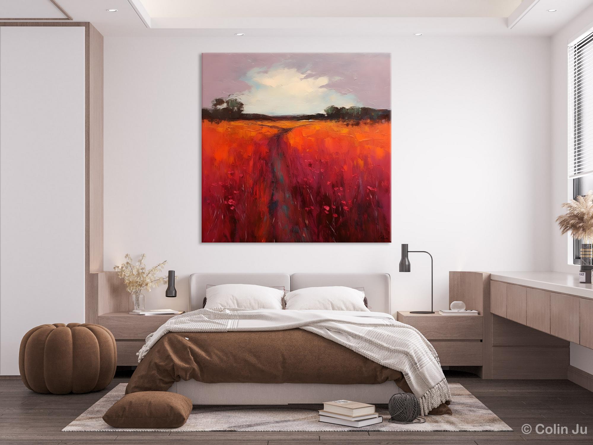 Abstract Landscape Canvas Painting - Red Poppy Flower Field Acrylic Artwork for Living Room Wall Decor | Modern Home & Office Wall Art