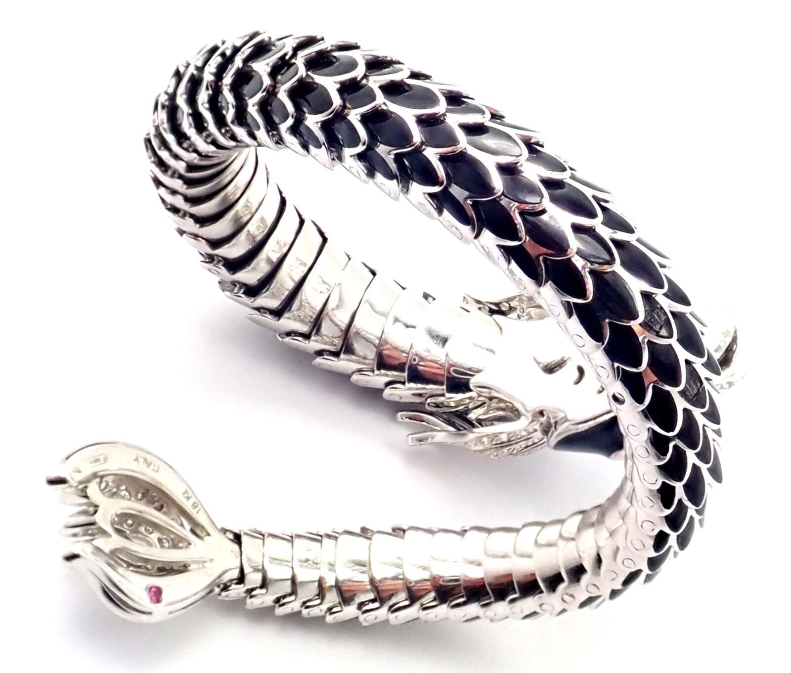 Authentic Roberto Coin Nemo 18k White Gold Diamond & Ruby Enamel Cuff Bracelet | Luxury Jewelry for Women | Perfect for Weddings, Parties & Special Occasions