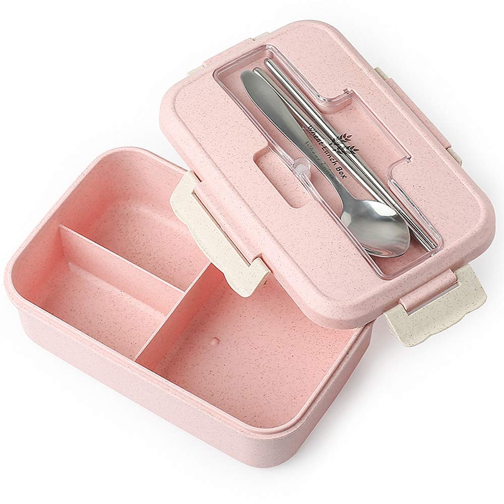 1000ML Portable Plastic Bento Box - Eco-Friendly Wheat Straw Microwave Safe Food Storage Container with Lid (Pink) | Perfect for School Lunches, Office Meals & Picnic Outings