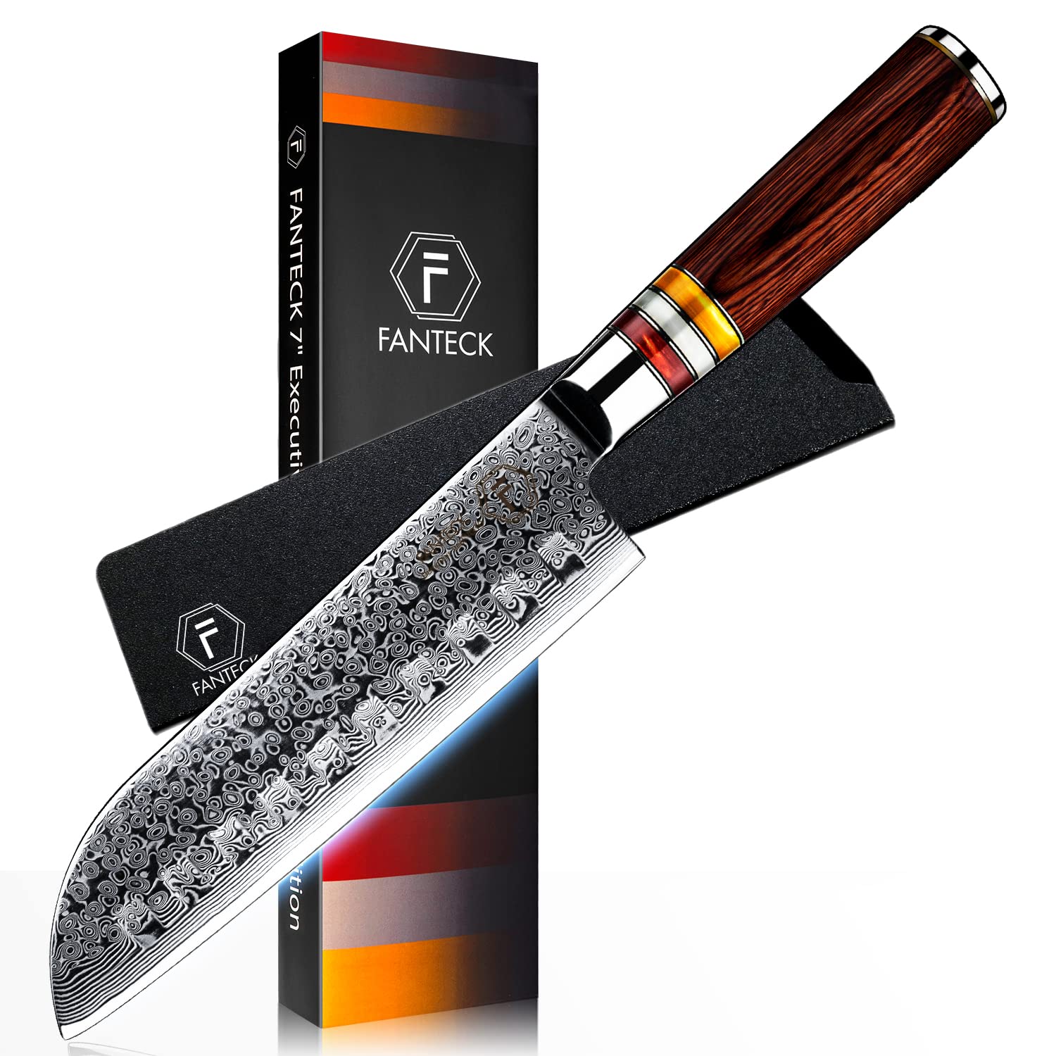 FANTECK 7 Inch Damascus Santoku Knife - Ultra Sharp Japanese VG10 67 Layer Stainless Steel Chef Knife - High Carbon Kitchen Knife for Meat, Fruit & Vegetable Cutting - Pakkawood Handle with Gift Box & Sheath - Perfect for Home Chefs & Cooking Enthusiasts