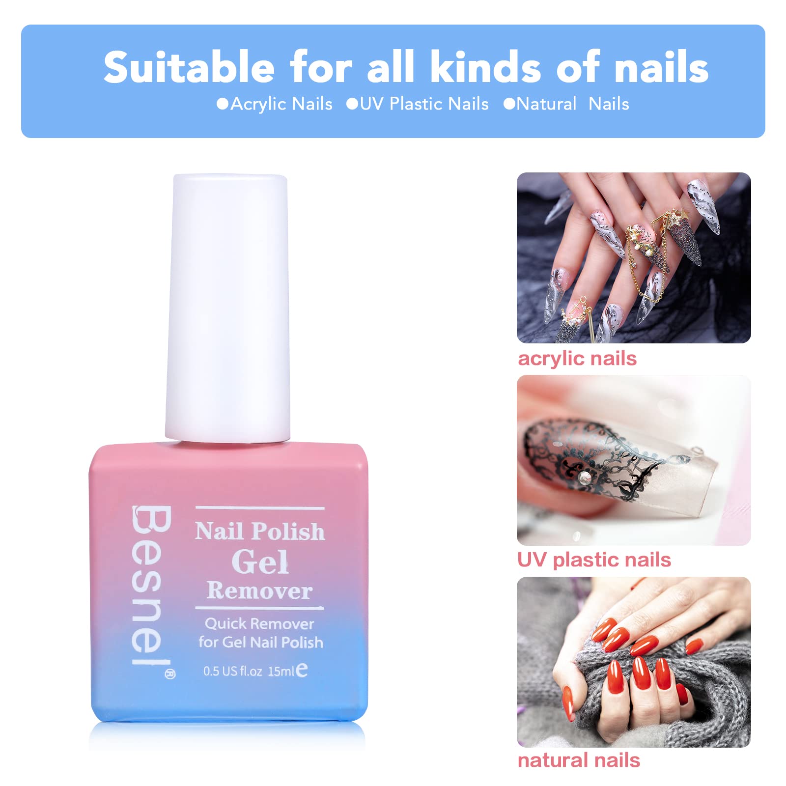 Professional 5-Pack Gel Nail Polish Remover Kit - Non-Irritating, Quick & Easy Nail Polish Removal with Cuticle Pusher & Nail Files (No Foil Soaking Needed) - Perfect for Salon & At-Home Manicures