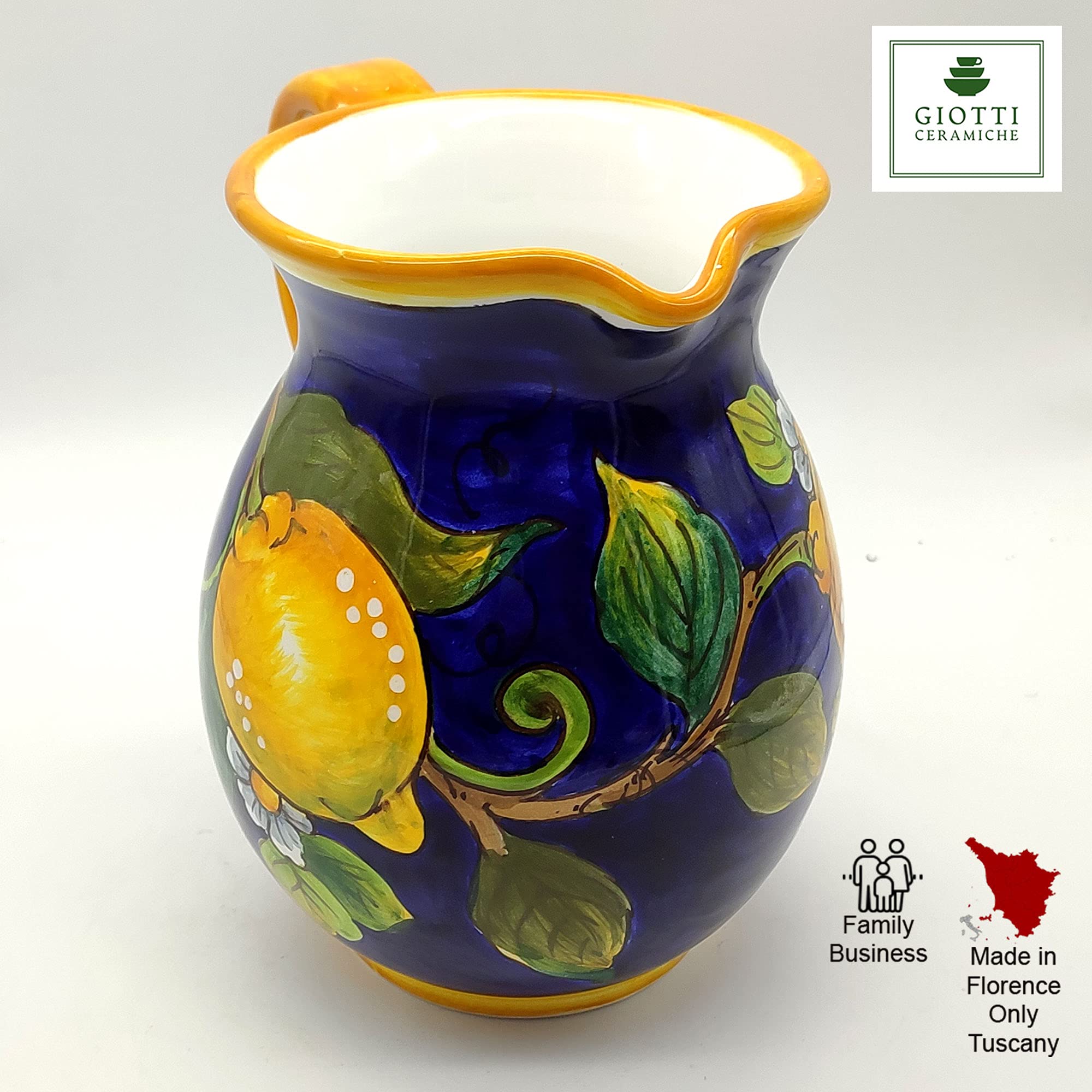Italian Ceramic Pitcher 33oz - Hand Painted Lemon Blue Design Kitchen Carafe & Utensil Holder - Tuscan Pottery Wine Dispenser & Home Decor Vase - Perfect for Italian Kitchen Decor, Dining Table Centerpiece & Gift Idea