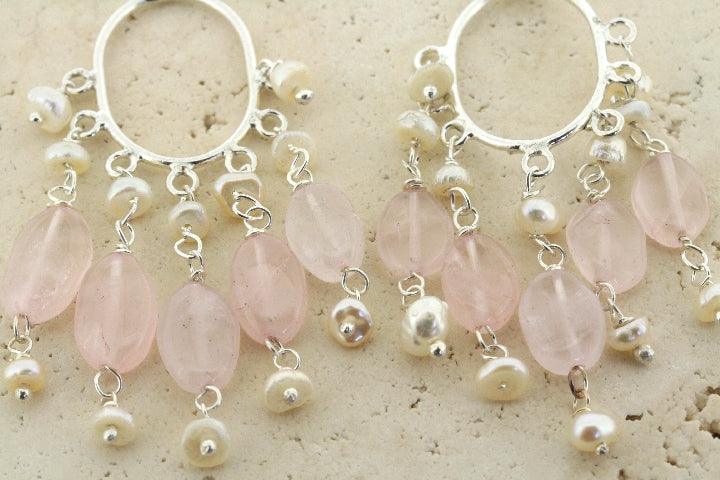 Rose Quartz & Pearl Hoop Earrings - Sterling Silver Jewelry for Women, Elegant Boho Dangle Earrings for Party, Wedding & Everyday Wear