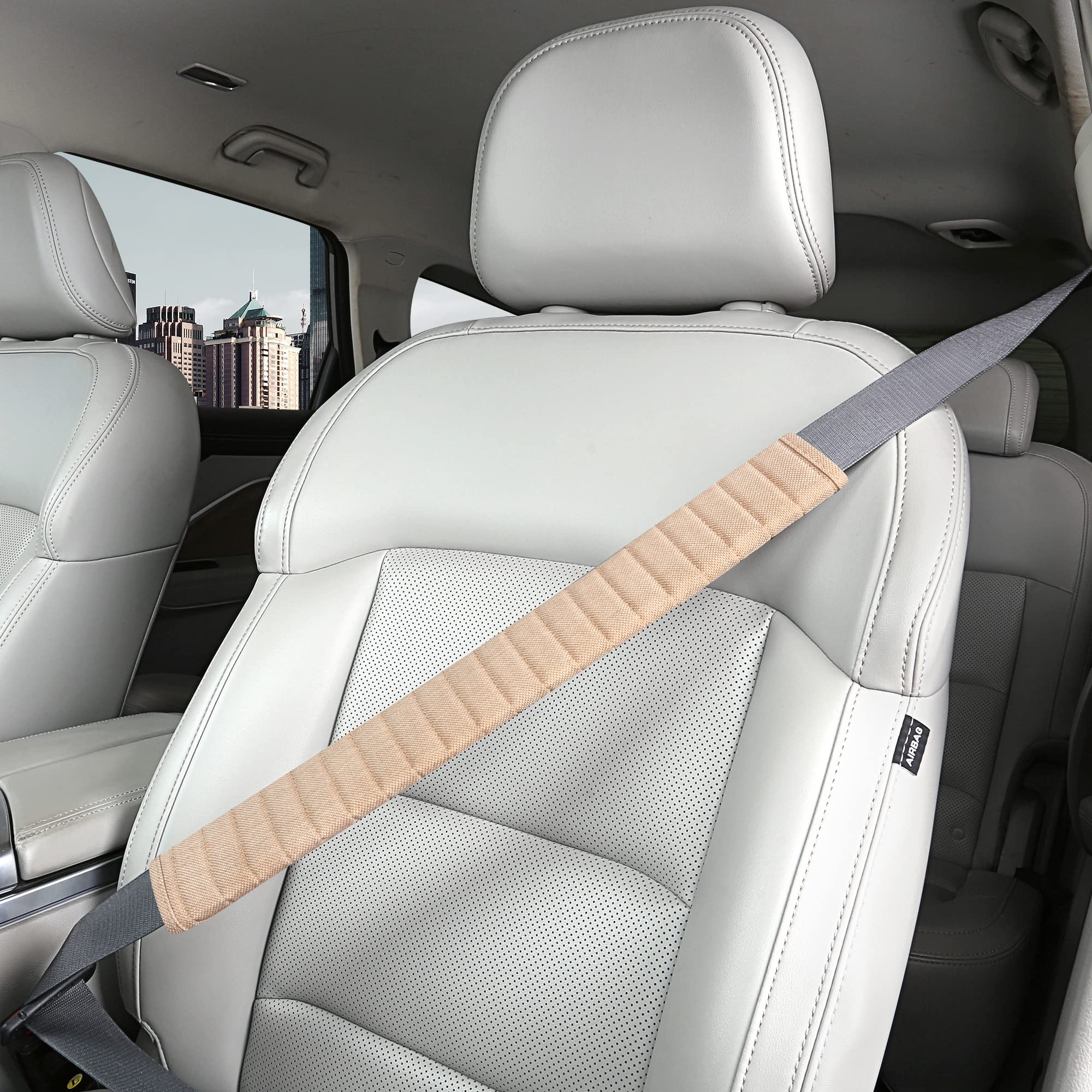 Comfortable Car Seatbelt Covers - Extra Long Shoulder Pads Protector for Adults & Kids (19.5in, Beige) - Universal Fit for Honda, Trucks & All Vehicles - Perfect for Long Drives, Road Trips & Daily Commute