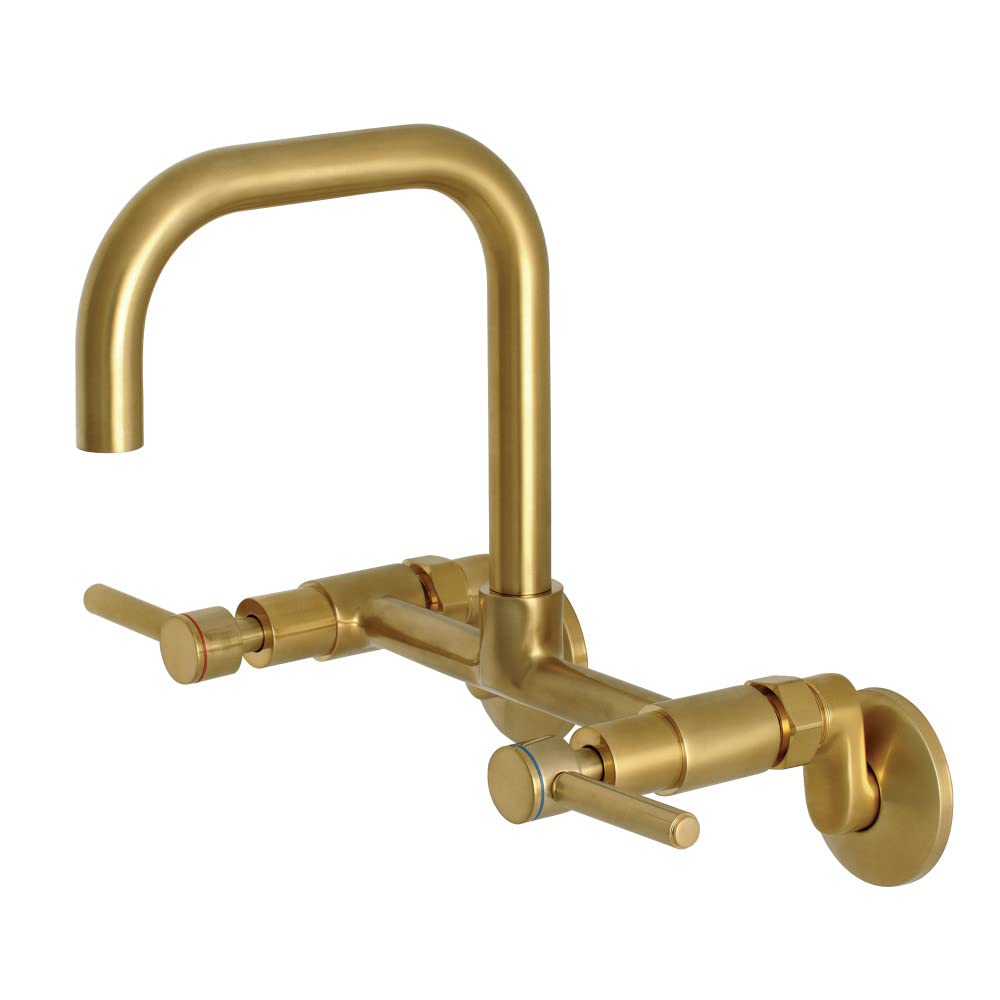 Kingston Brass Concord 8-Inch Adjustable Wall Mount Kitchen Faucet in Brushed Brass - Perfect for Farmhouse, RV, and Tiny Home Sinks