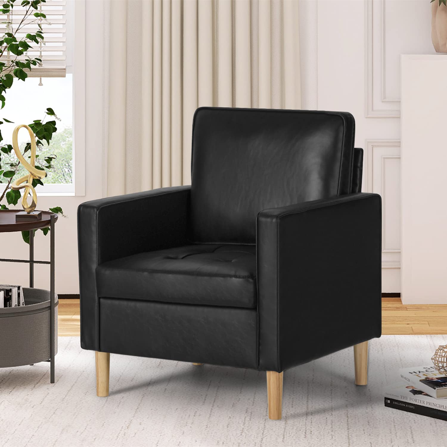 AILEEKISS Modern Single Sofa Chair - Mid-Century Faux Leather Upholstered Accent Armchair for Small Spaces, Living Room, Apartment, Dorm & Office - Compact Comfortable Seating for Relaxing, Reading or Working (Black)